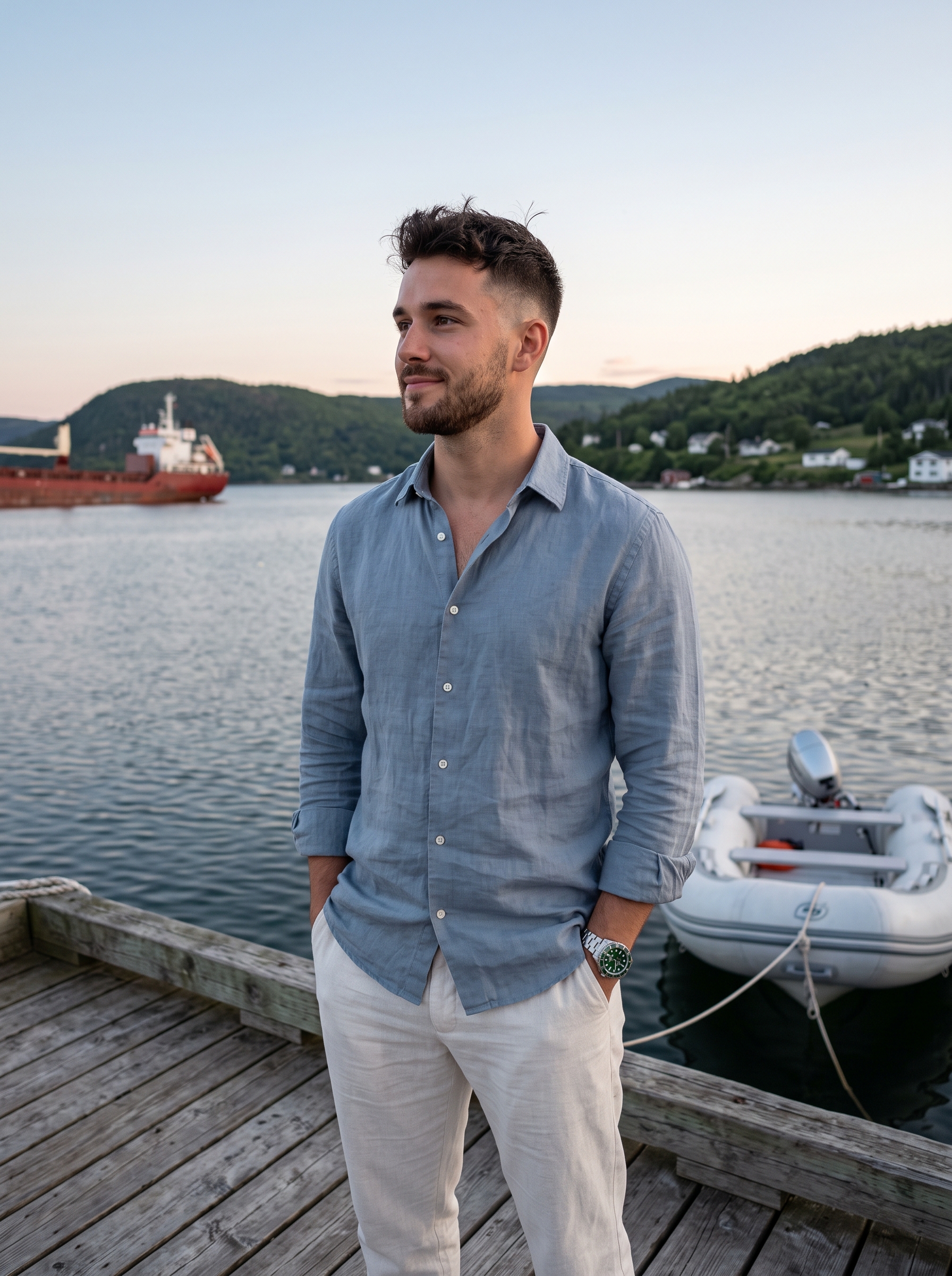A serene, realistic lifestyle portrait captures a man in ...
