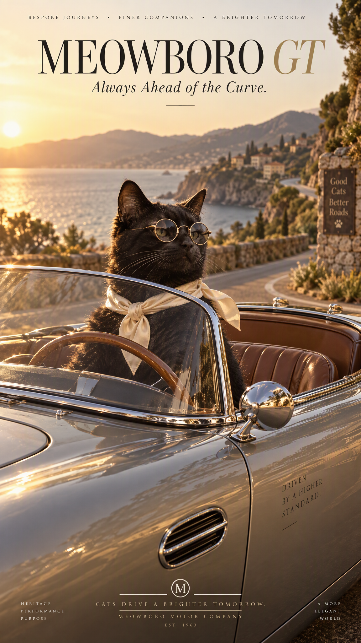 A black cat wearing round wire-rim spectacles and a cream...