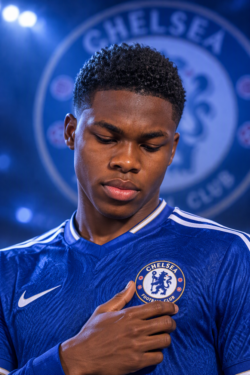 A young male footballer in a deep royal-blue Chelsea-styl...