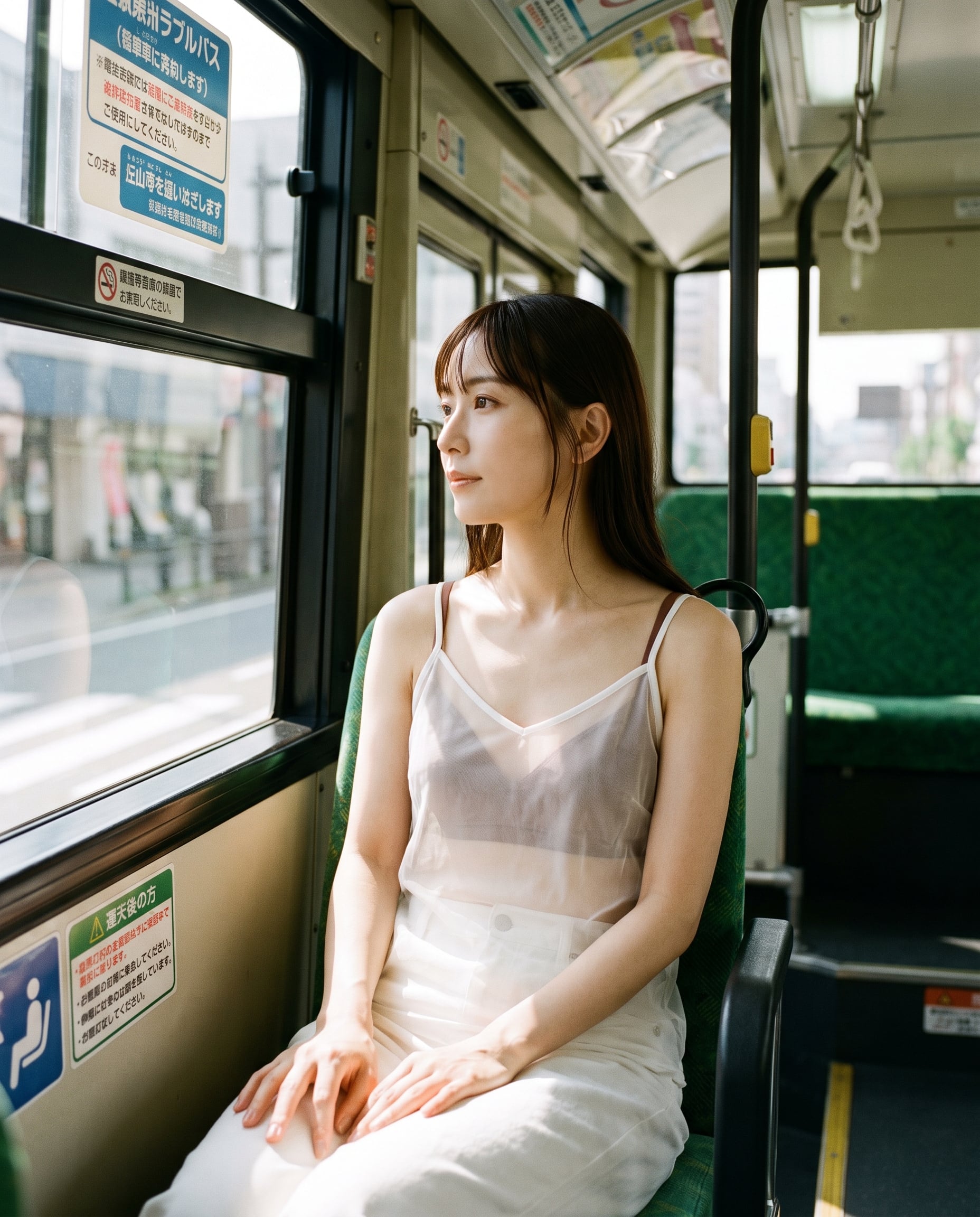 Người phụ nữ mặc đồ trắng ngồi ở ghế cạnh cửa sổ bên phải...
