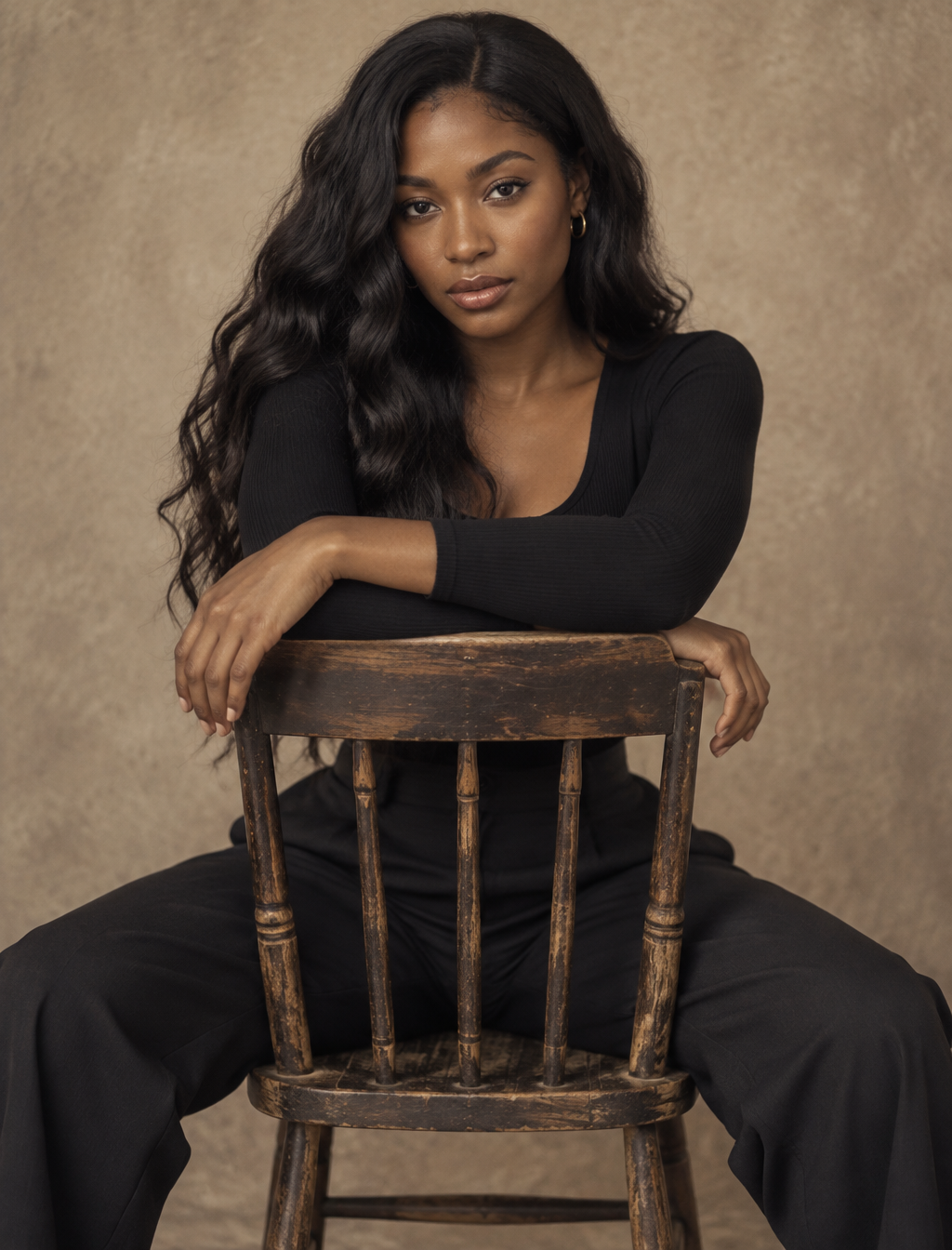 Subject & Pose: A 25-year-old Black woman with long dark ...