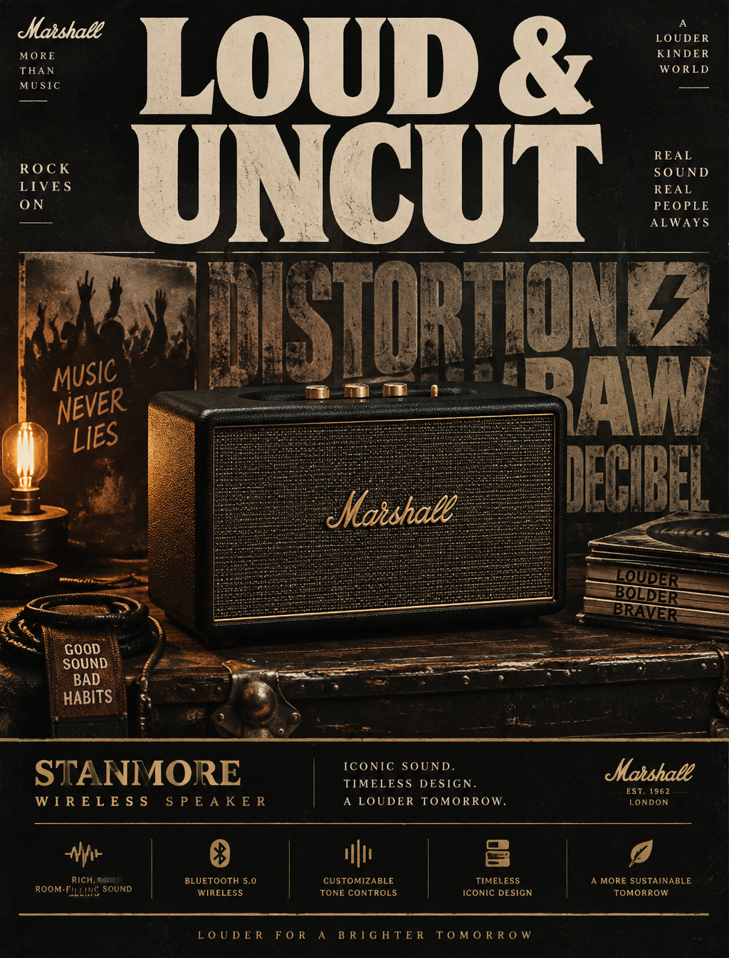 ### 提示词：Marshall "LOUD & UNCUT" 摇滚复古平面海报#### [PROMPT - PO...