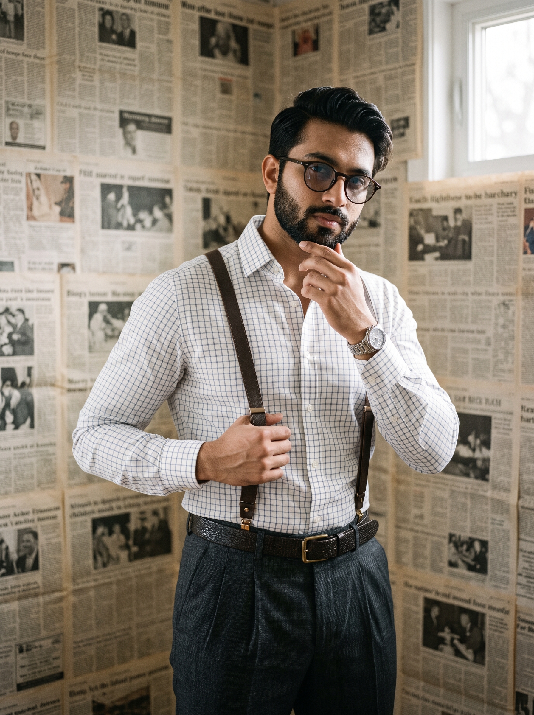 A stylish South Asian man stands in a newspaper-lined int...