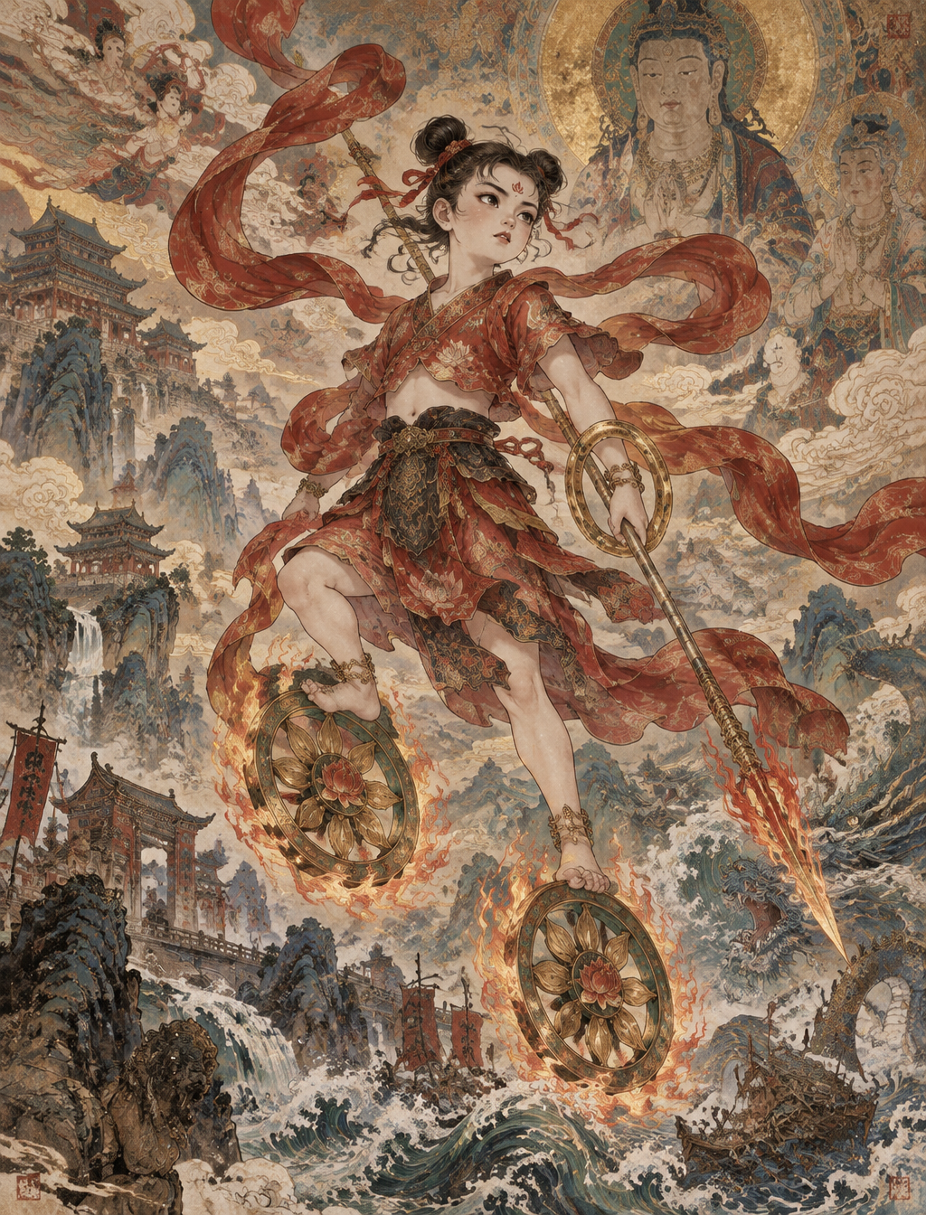 国风古壁画,工笔重彩,神话少年,莲化之躯,身着赤红轻罗短衫,混天绫为长飘带绕肩垂落,衣身暗刻莲华纹样,下系红绡战裙...