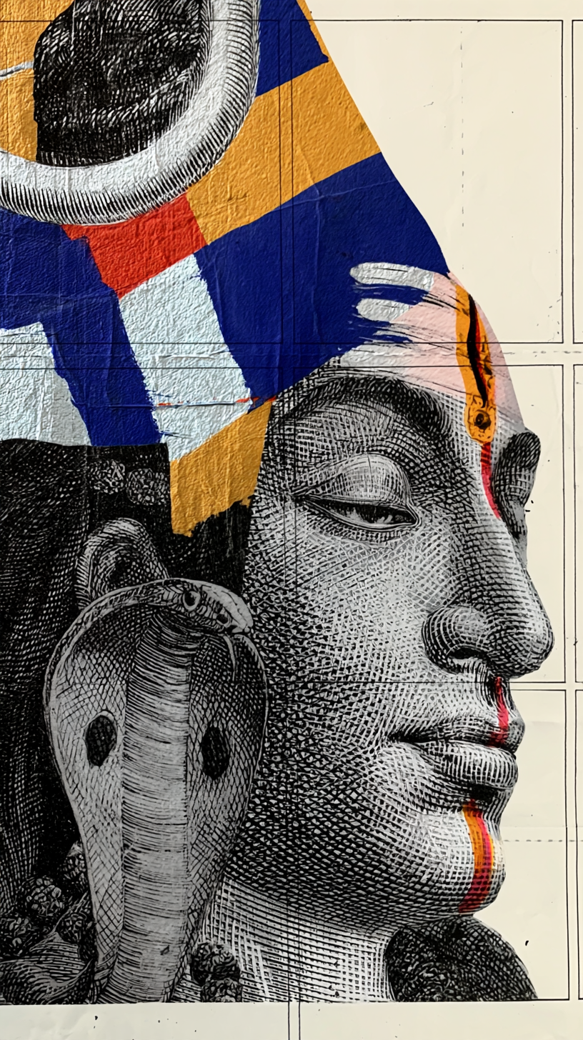 extreme close-up portrait of Lord Shiva, vintage engravin...