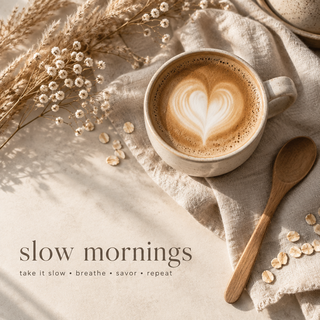 top-down flatlay of a latte with heart latte art in a cre...