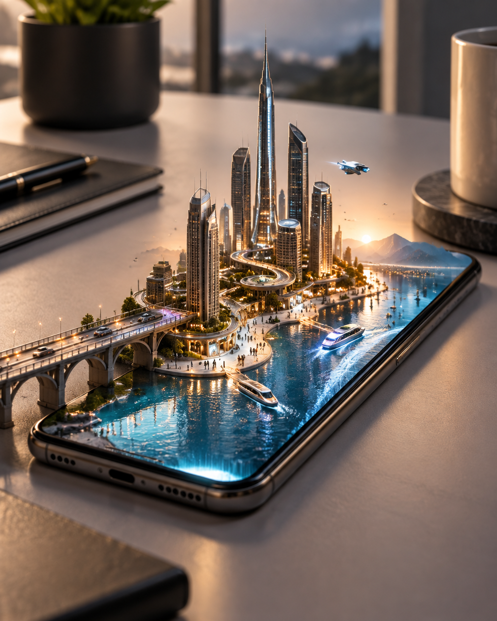 Create a premium technology advertising photograph of a m...