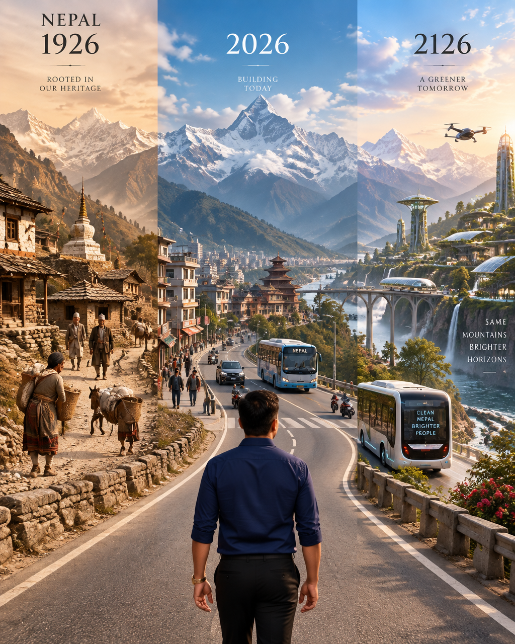 Title: Nepal 1926 → 2026 → 2126Prompt:Create a premium ci...