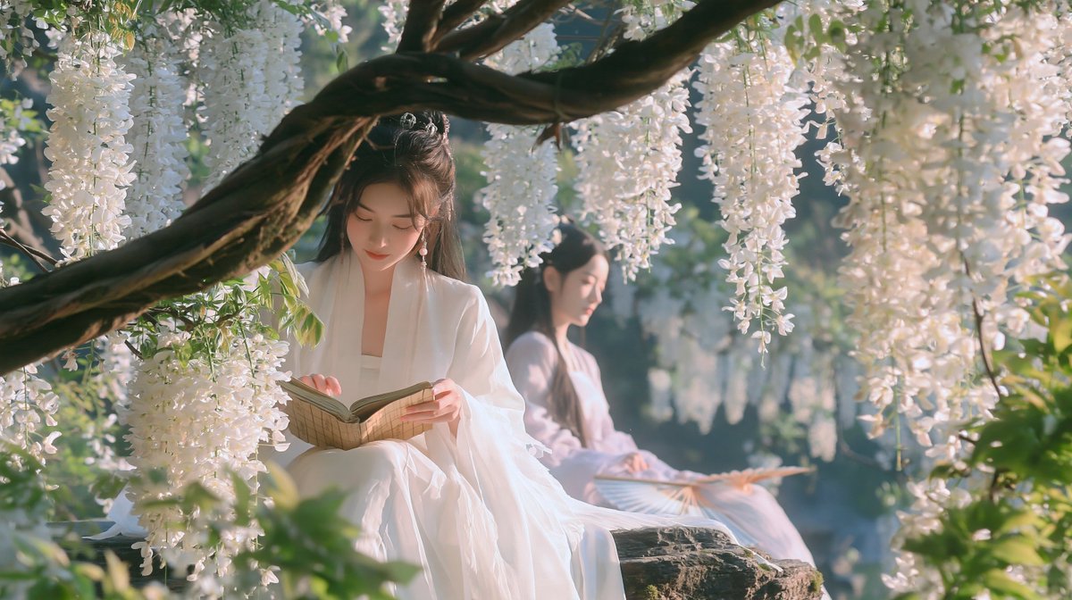紫藤花谷,坐石读书