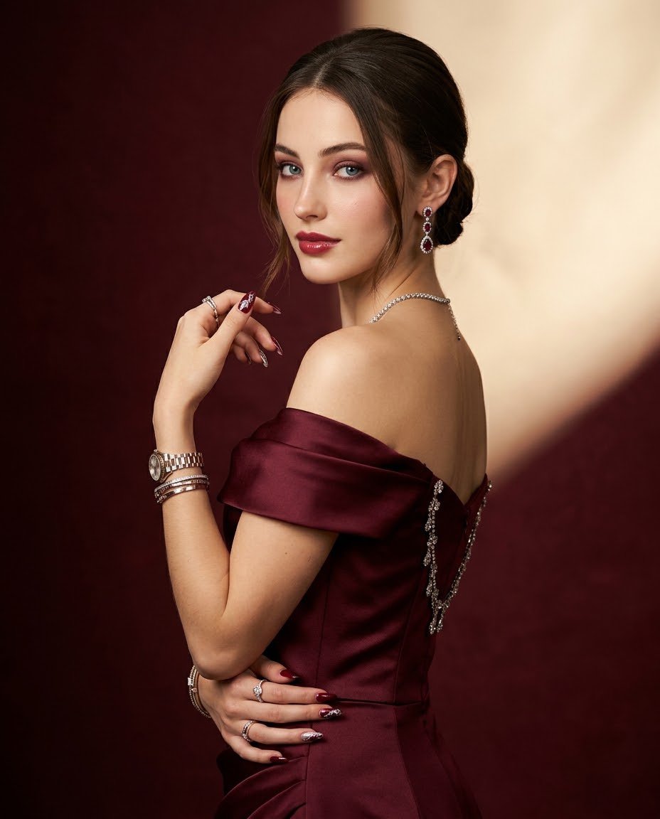 Create a highly realistic vertical 4:5 luxury evening por...