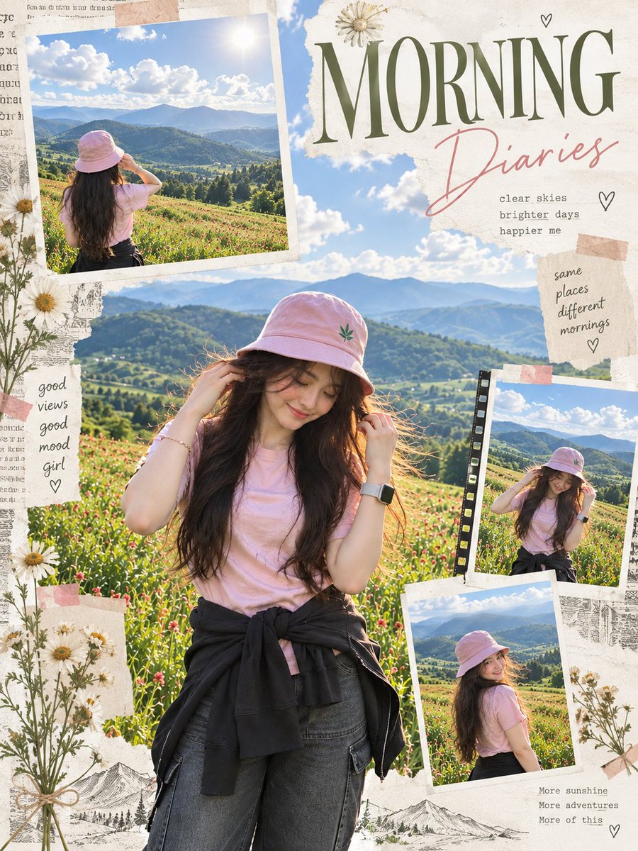 Create a high-end morning editorial scrapbook poster from...