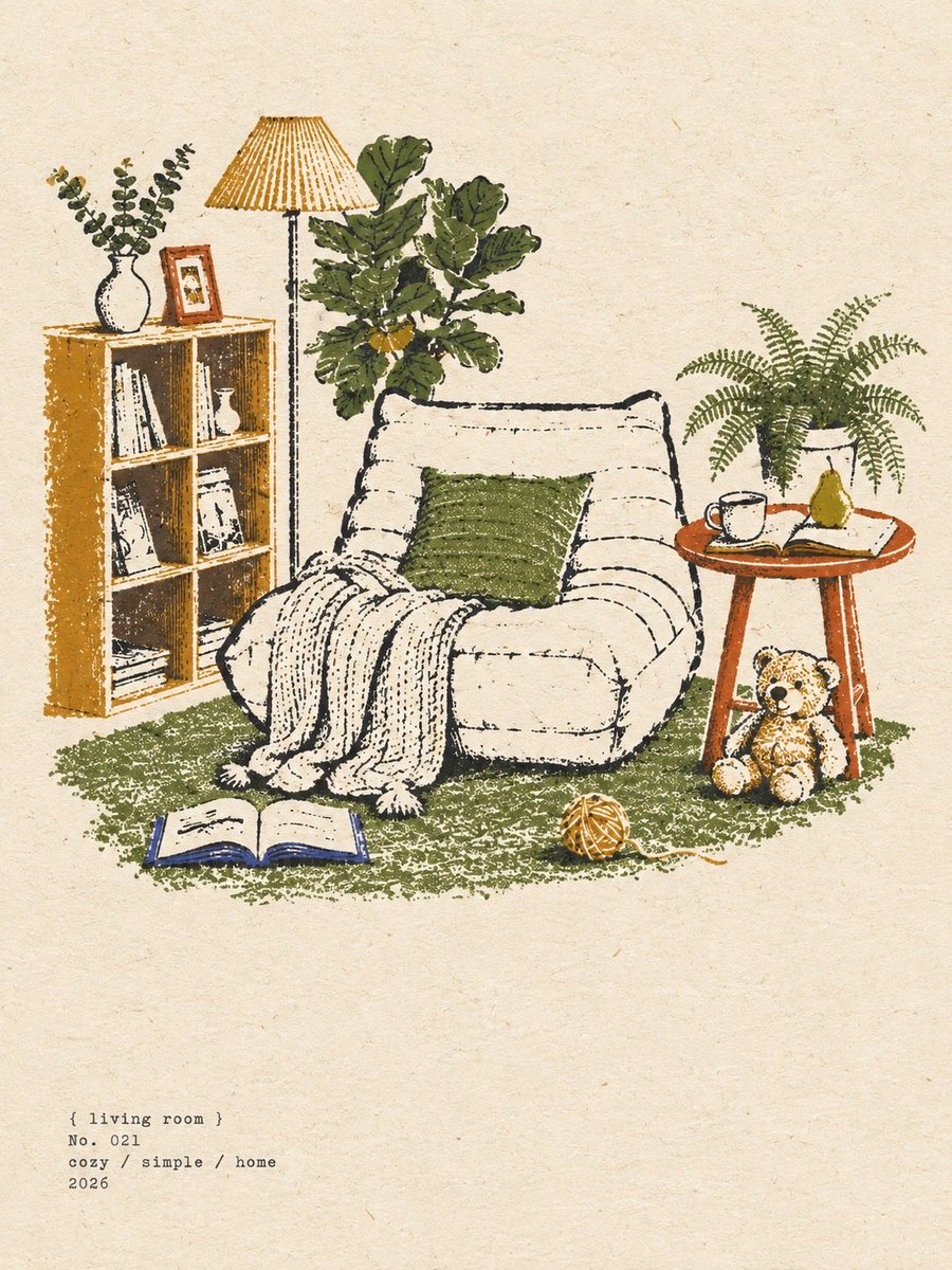 Create a charming hand-drawn vintage interior illustratio...