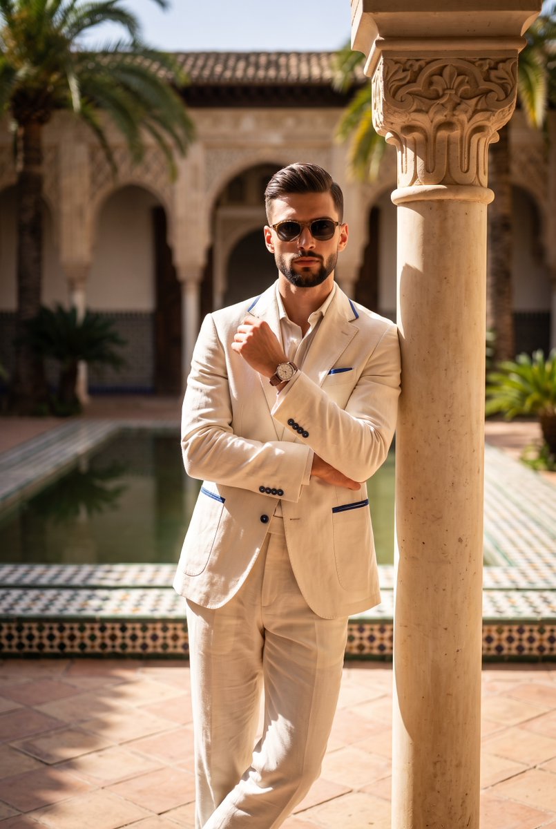A confident male model stands center frame, facing straig...