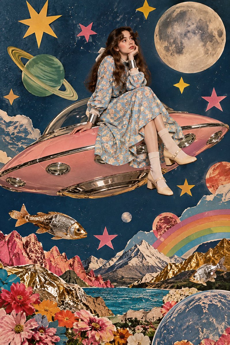 Surreal vintage collage art featuring a young woman in a ...
