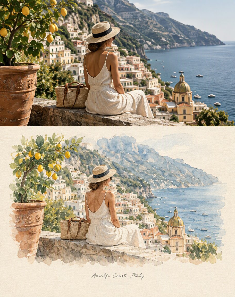 Create a refined editorial travel-art composition in the ...