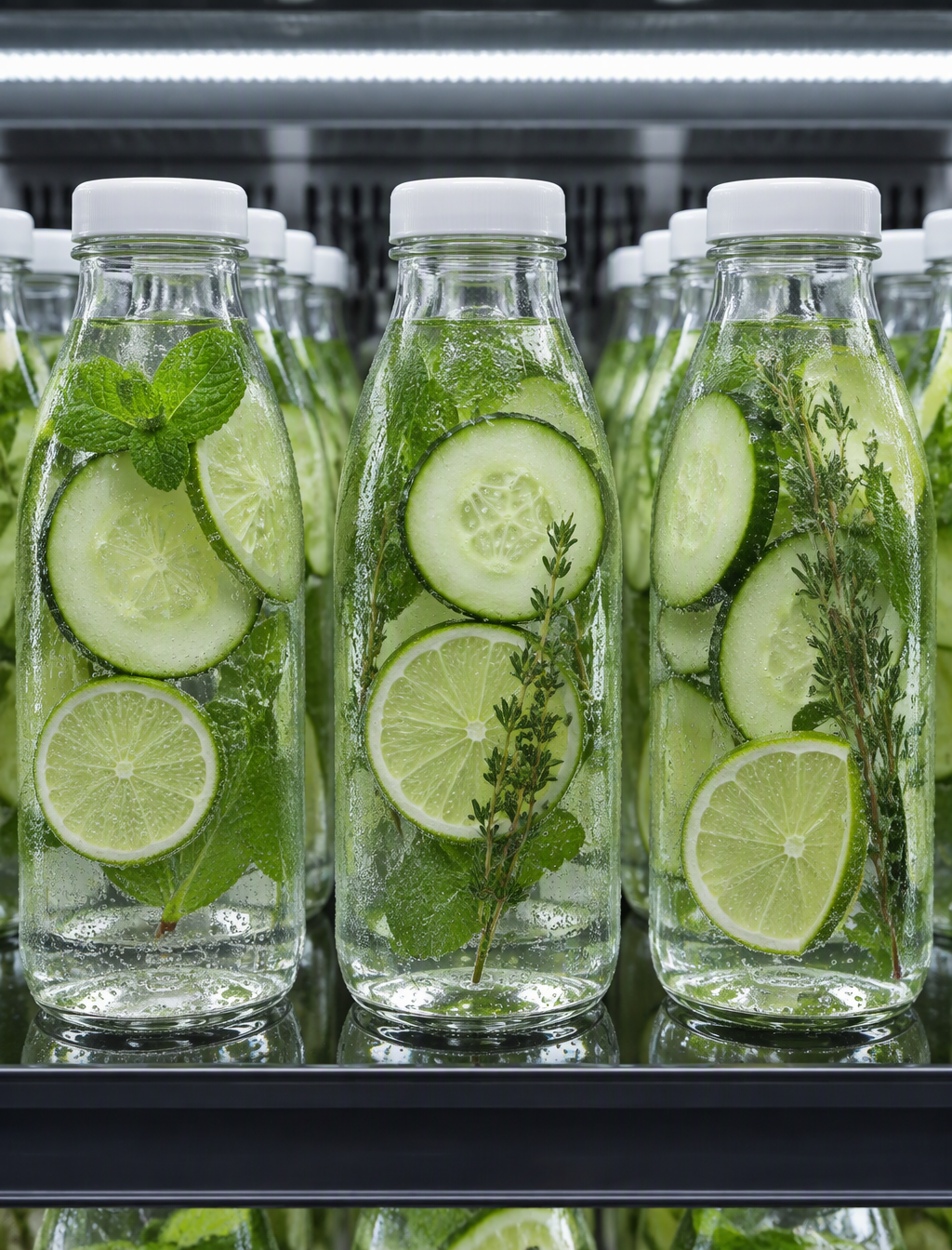 Rows of clear glass bottles filled with chilled water, cu...