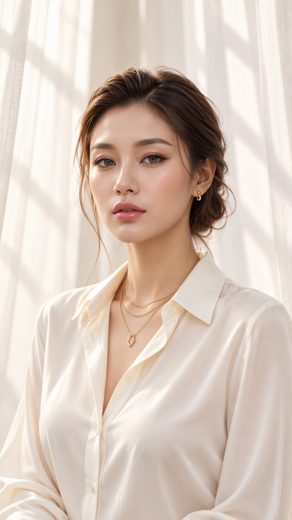 A beautiful 23-year-old woman with luminous ivory skin, g...