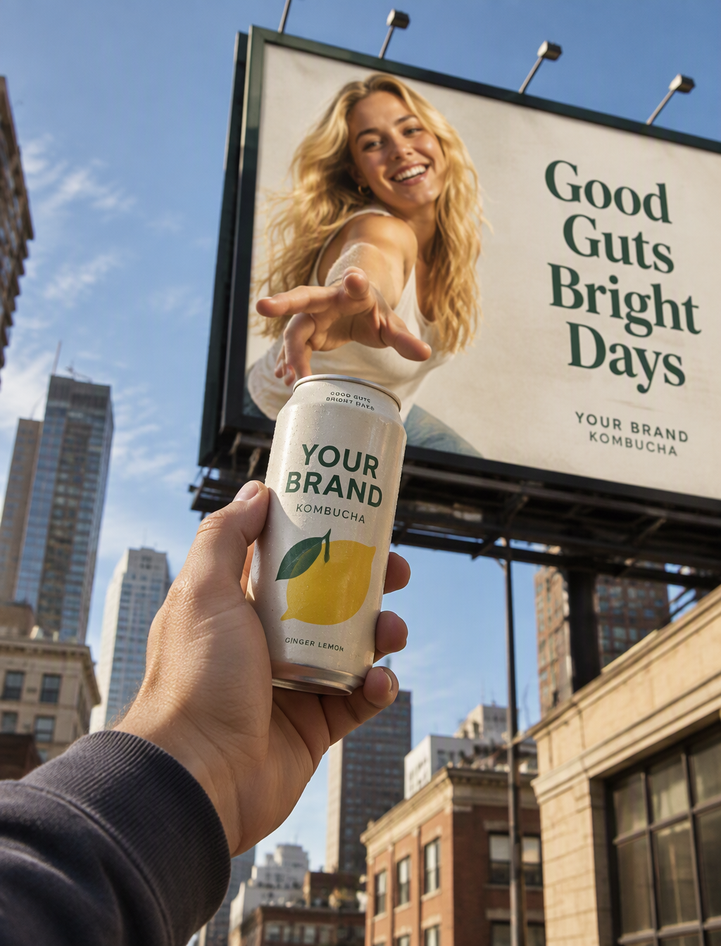 a male hand is holding the YOUR BRAND kombucha can (3rd r...