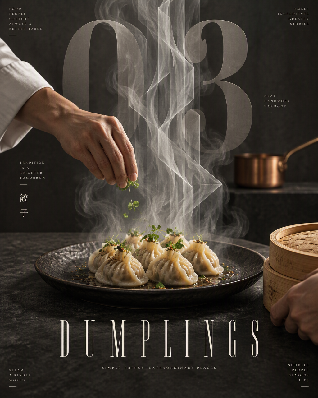 Vertical 4:5 editorial food poster featuring a single pla...