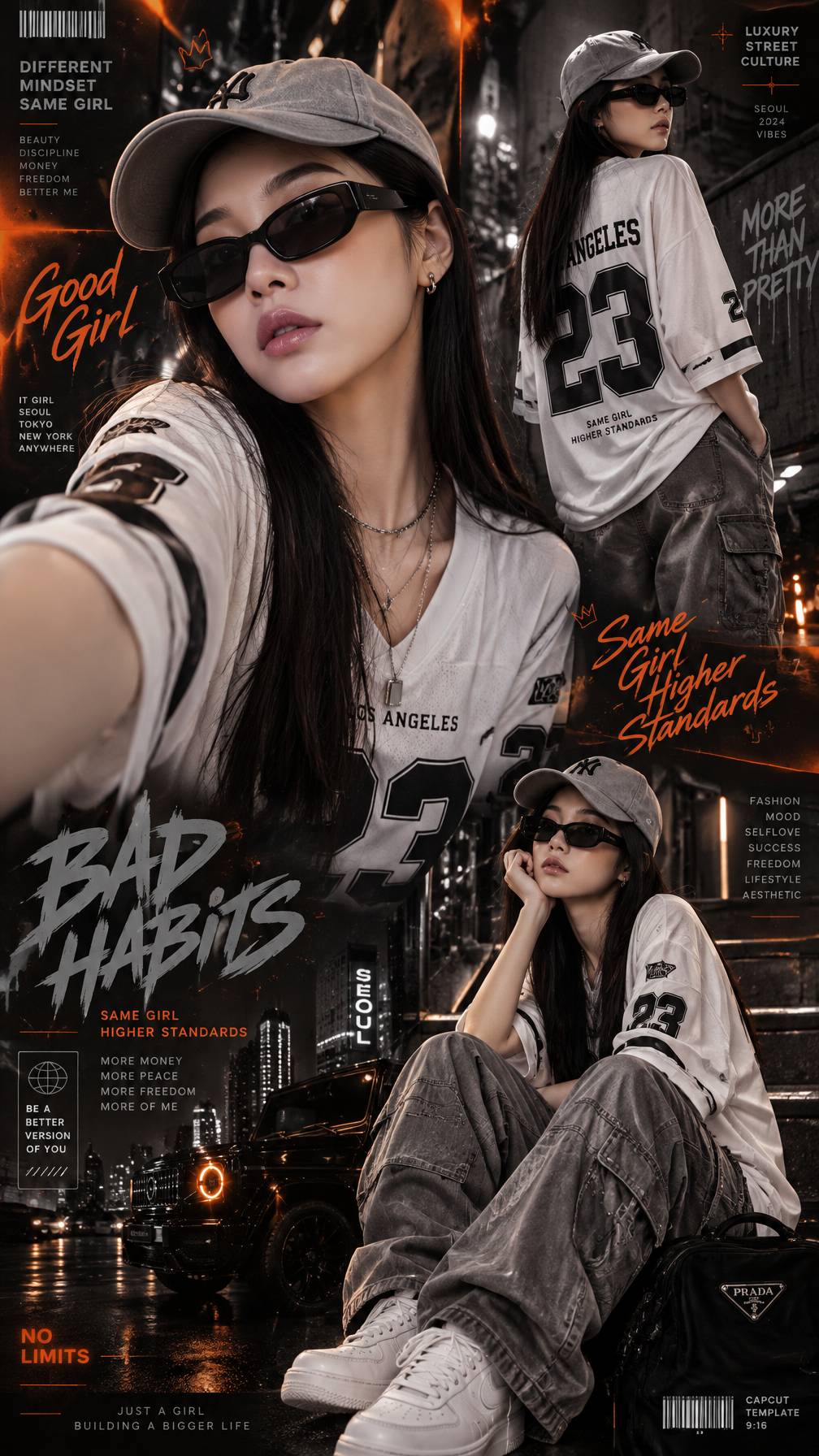 Ultra aesthetic streetwear girl collage poster, black and...