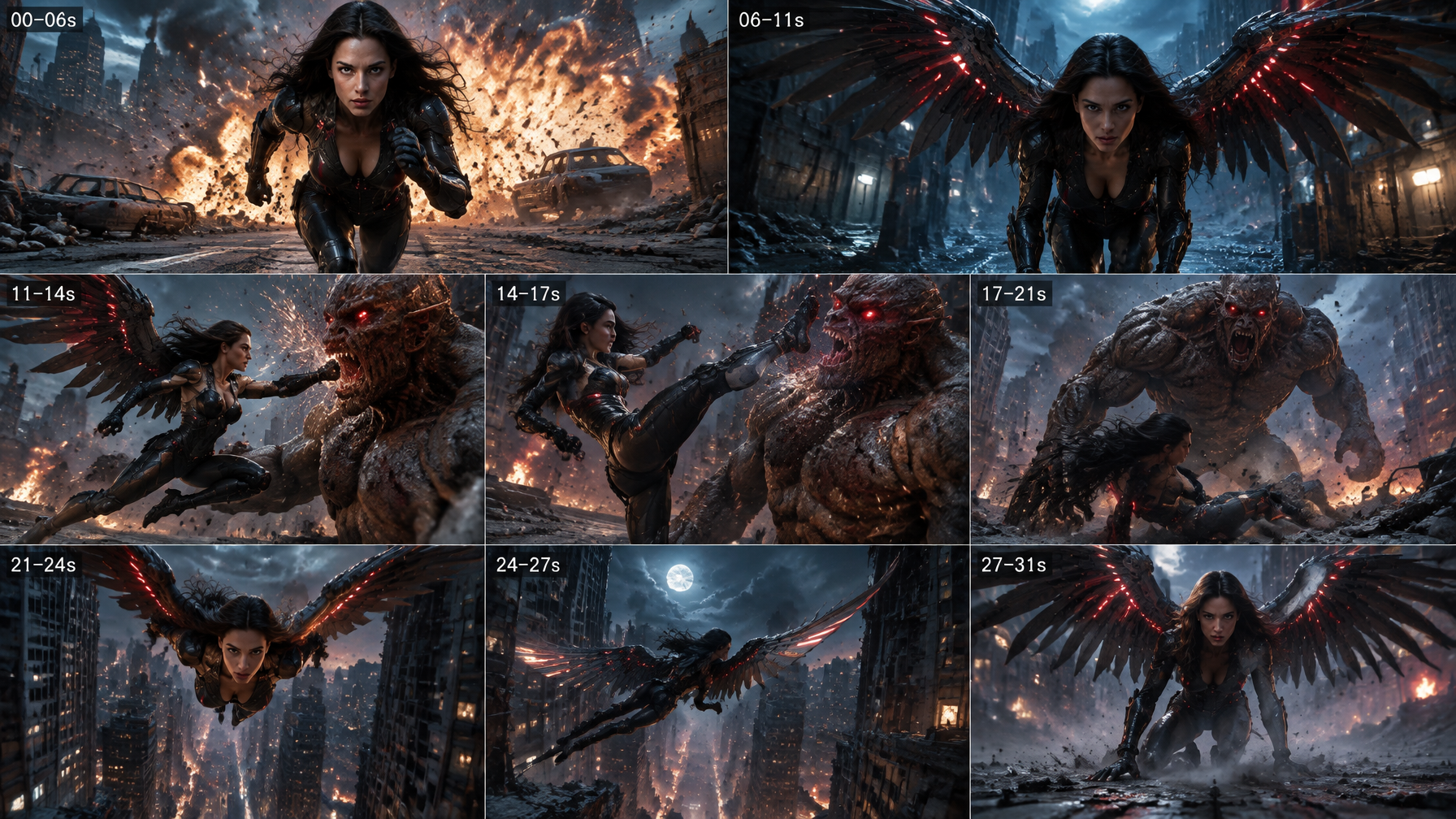 Create a 31-second ultra-realistic cinematic action seque...
