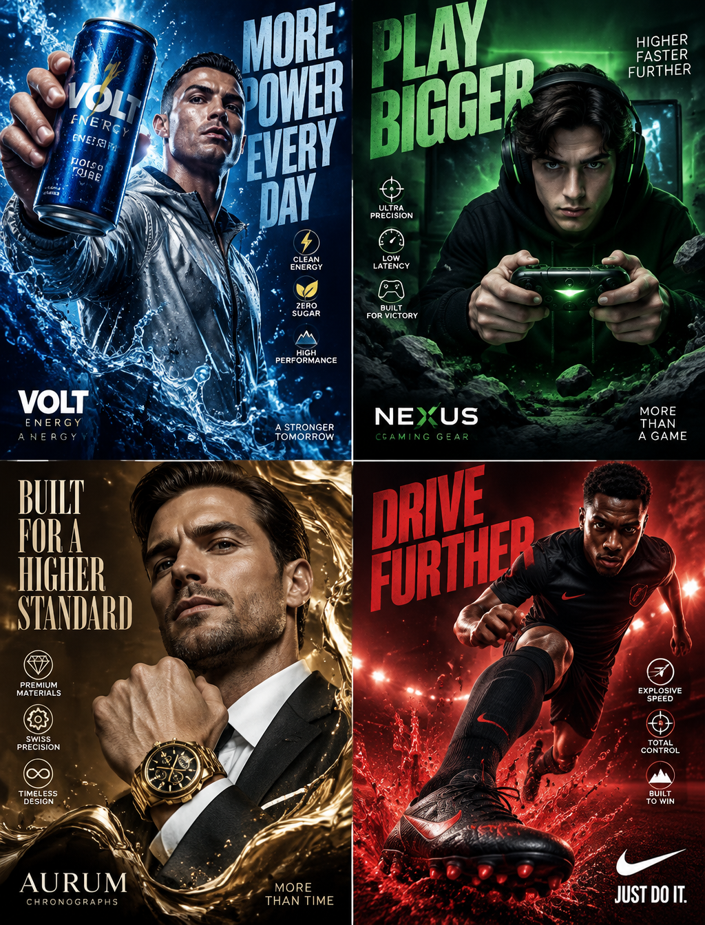 A four-panel vertical advertising collage presents distin...