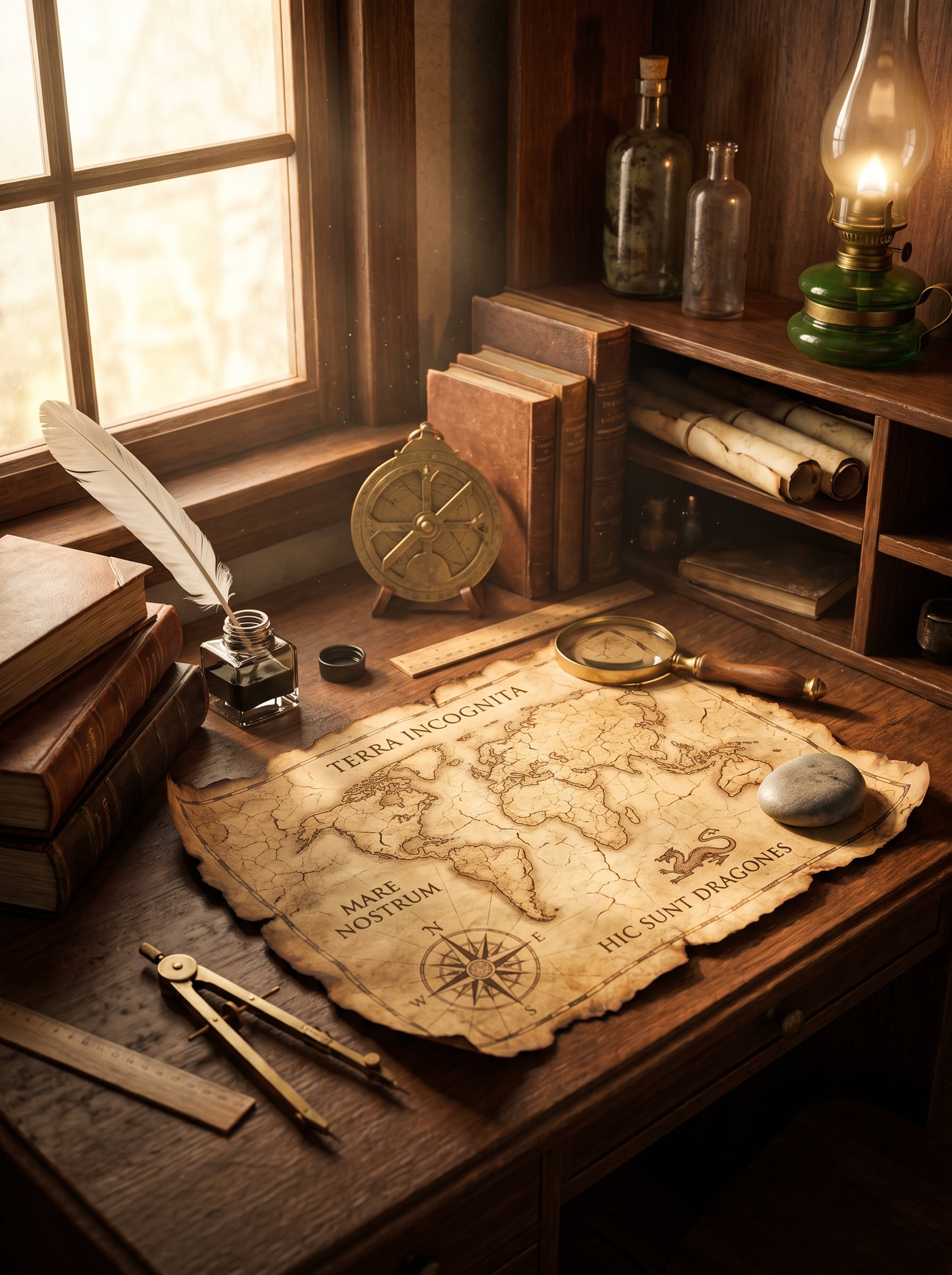Cinematic still life of an ancient explorer's wooden desk...