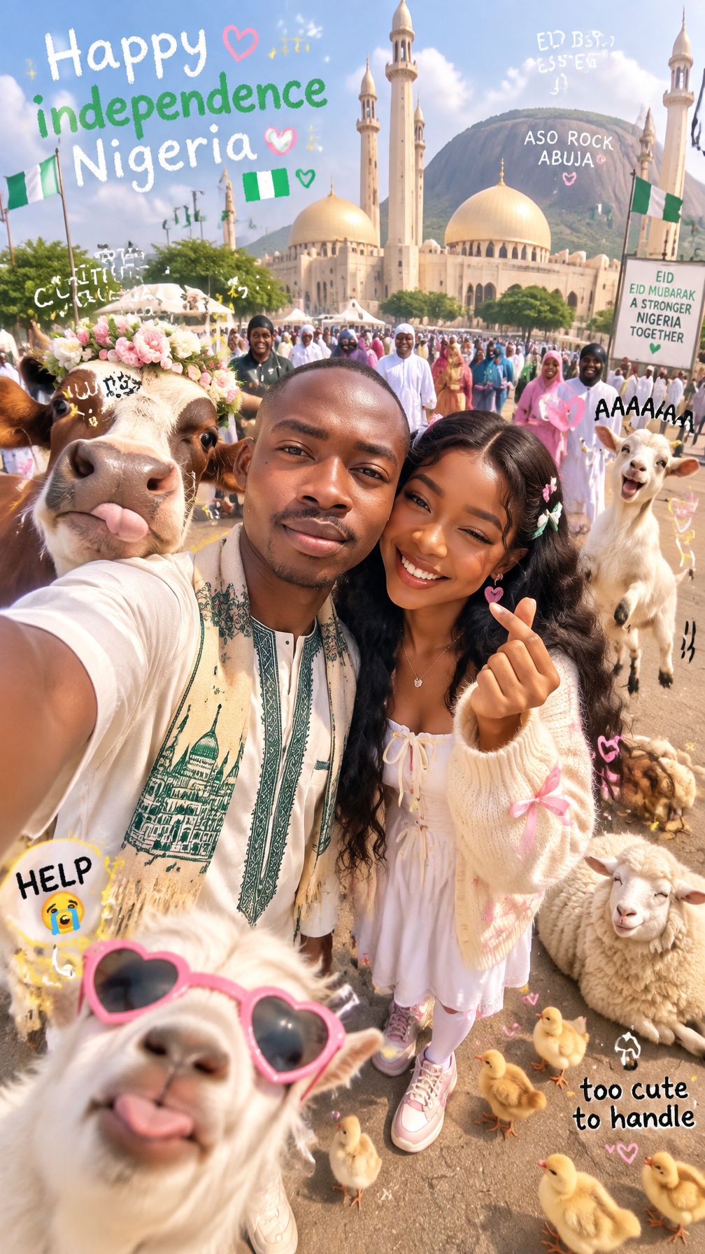 Ultra-realistic super cute chaotic Eid al-Adha selfie pho...