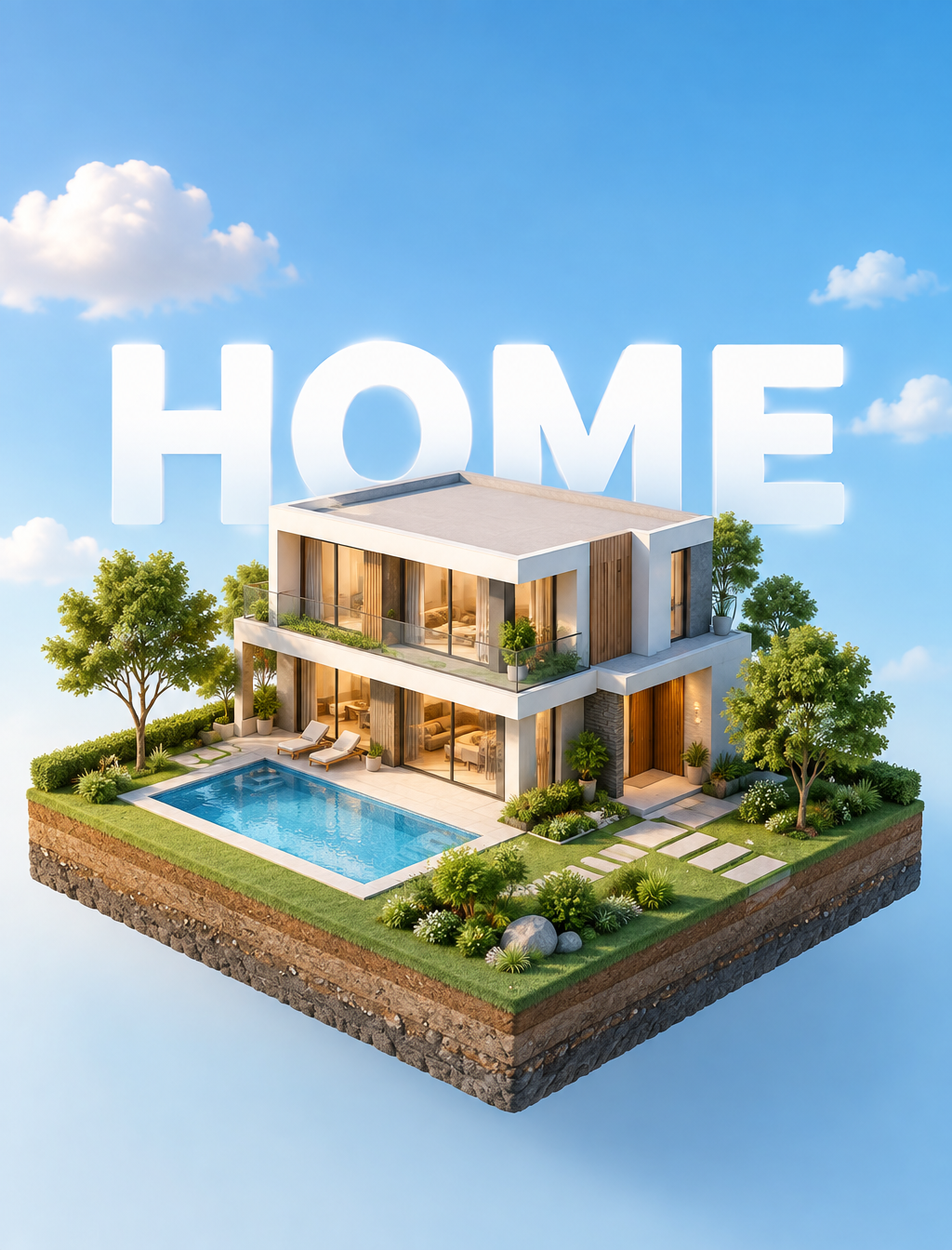 Real estate advertising poster, vertical 3:4, clean 3D is...