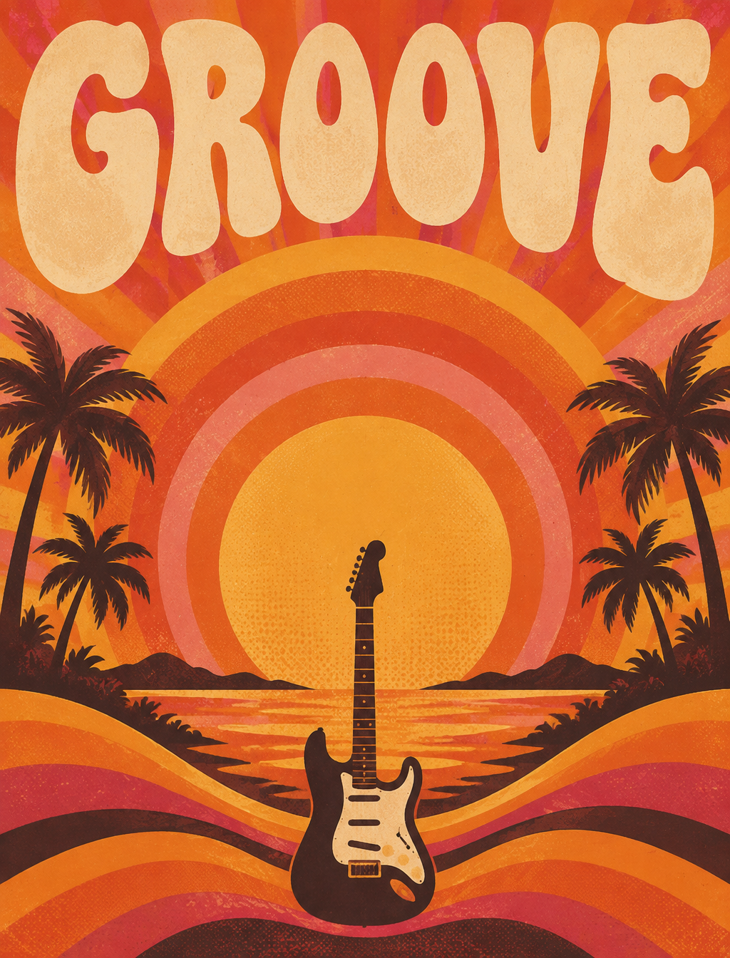 Music festival poster, vertical 3:4, retro 1970s 2D illus...