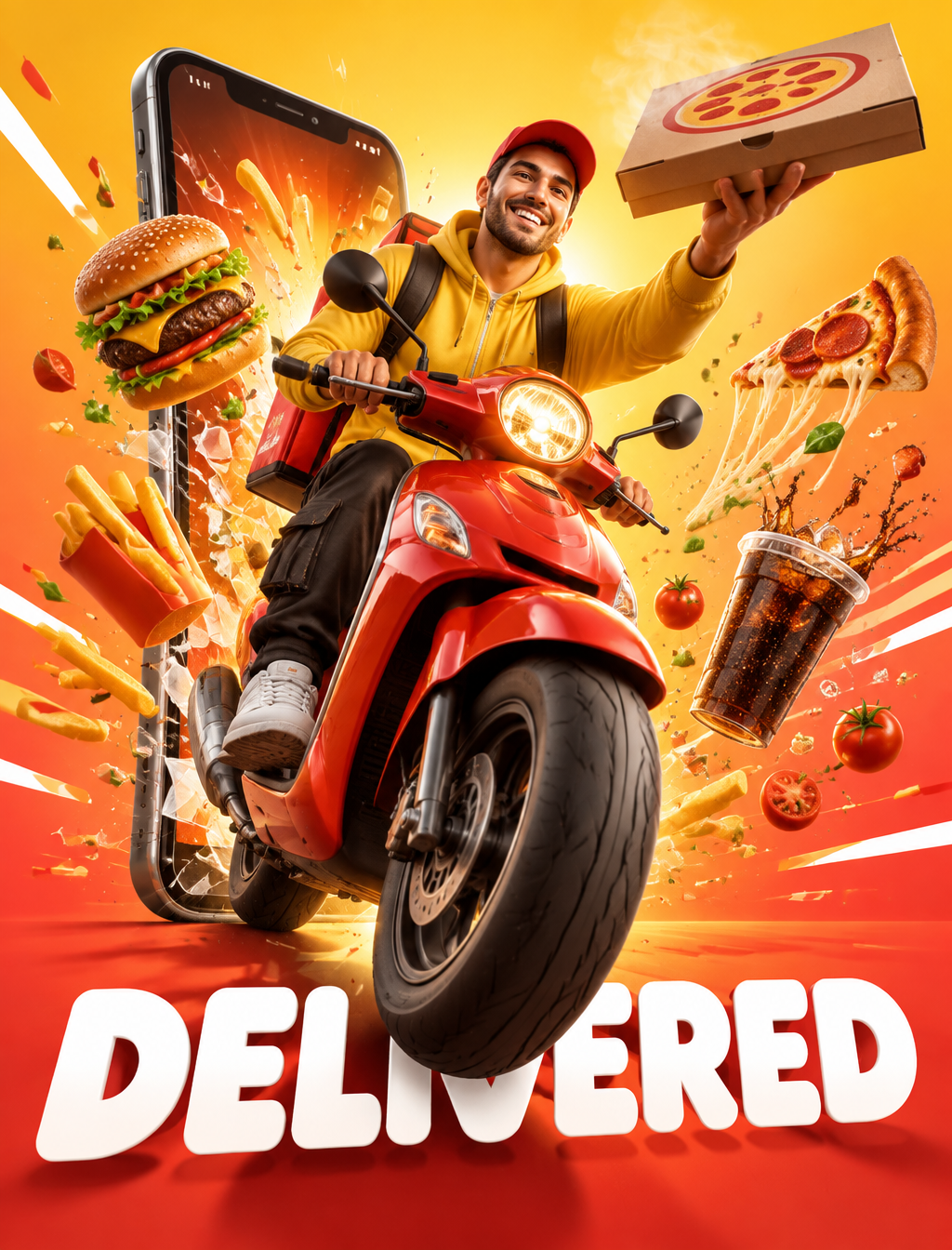 A vibrant hero advertisement poster for a food delivery a...