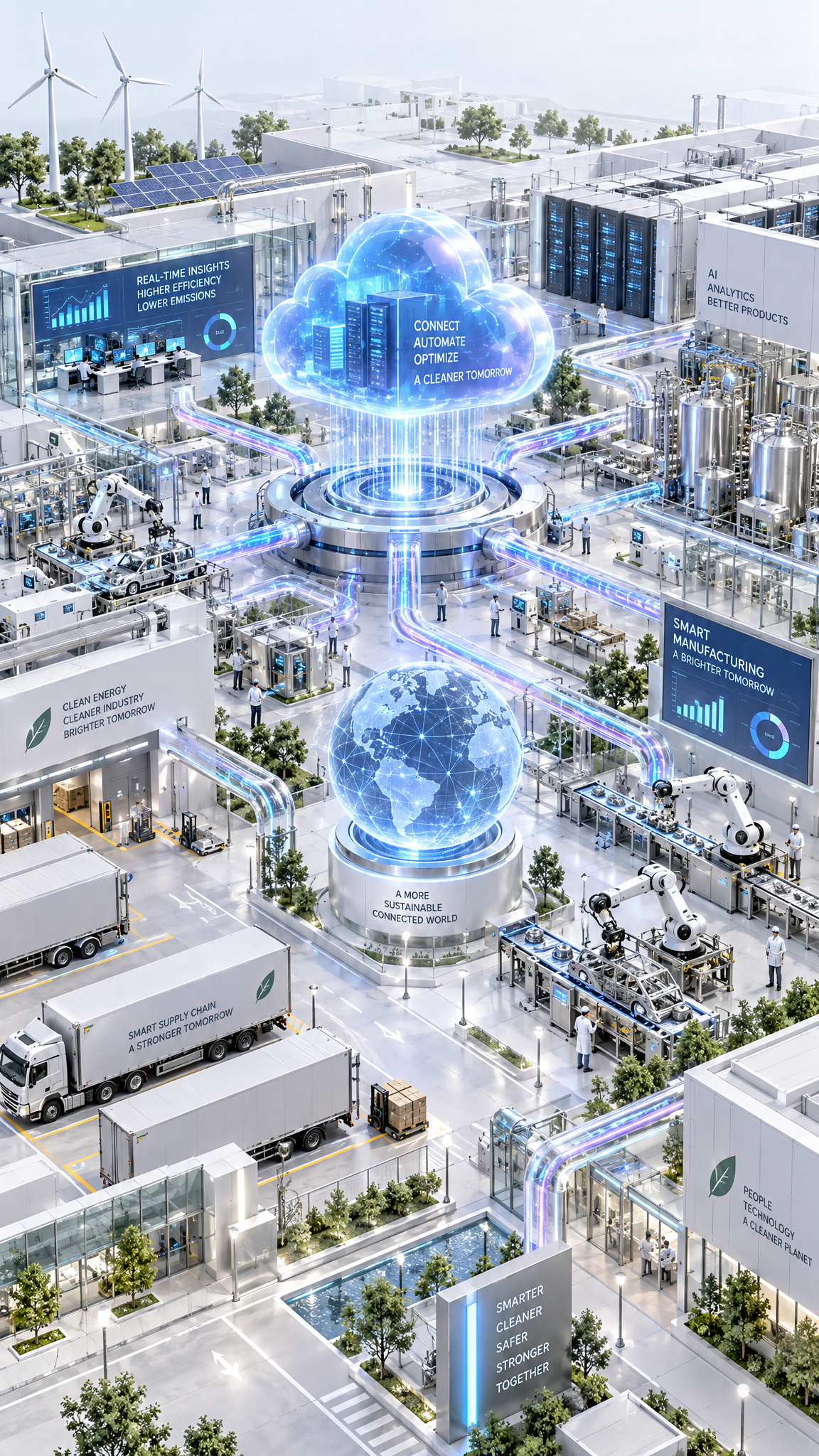 A pristine isometric smart-manufacturing campus centers o...