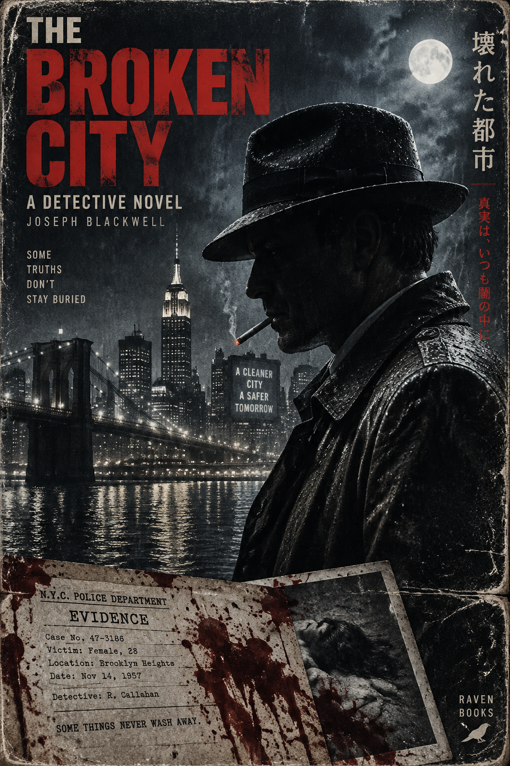 A hard-boiled detective in a weathered fedora and trench ...