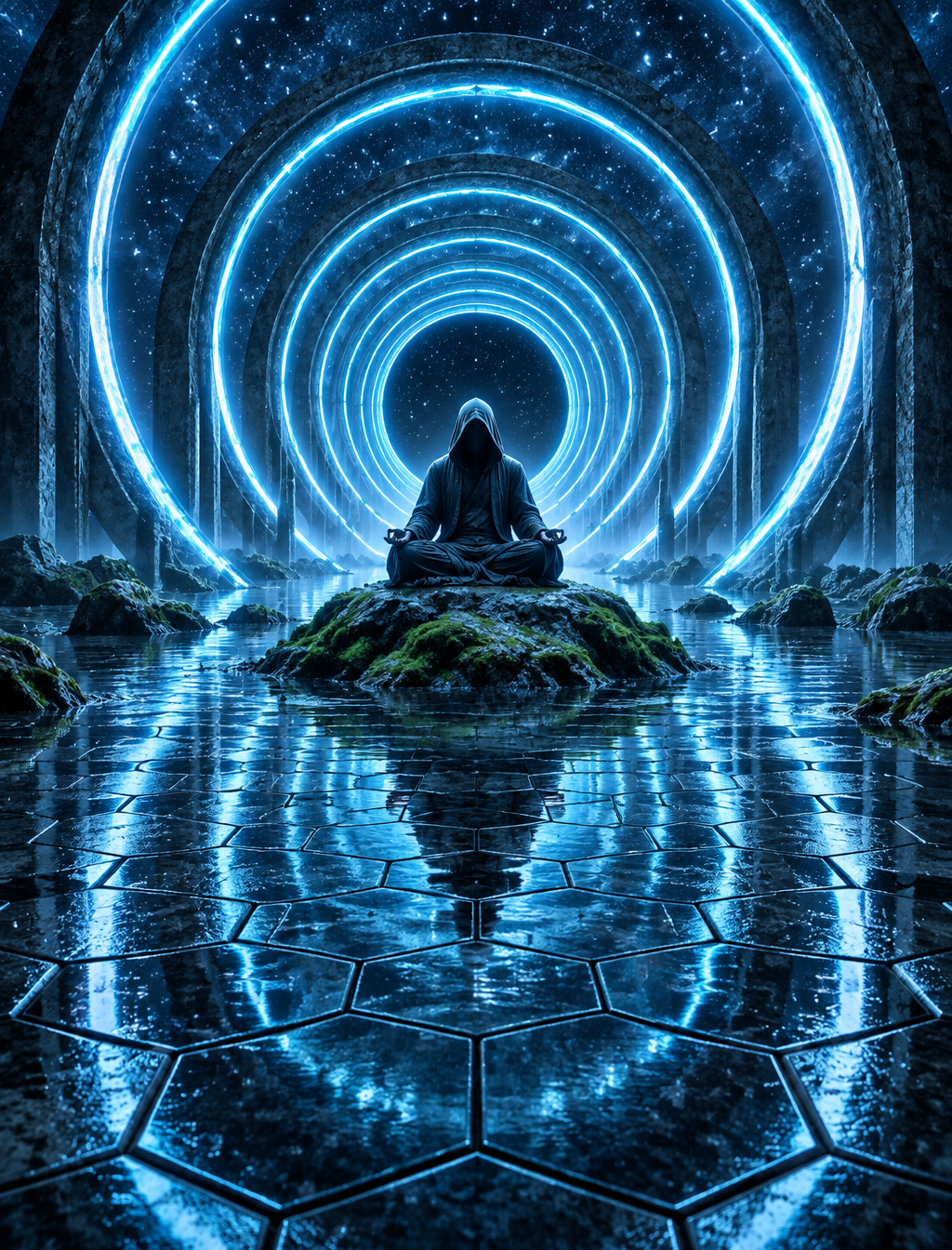 A hooded figure sits cross-legged in meditation on a moss...