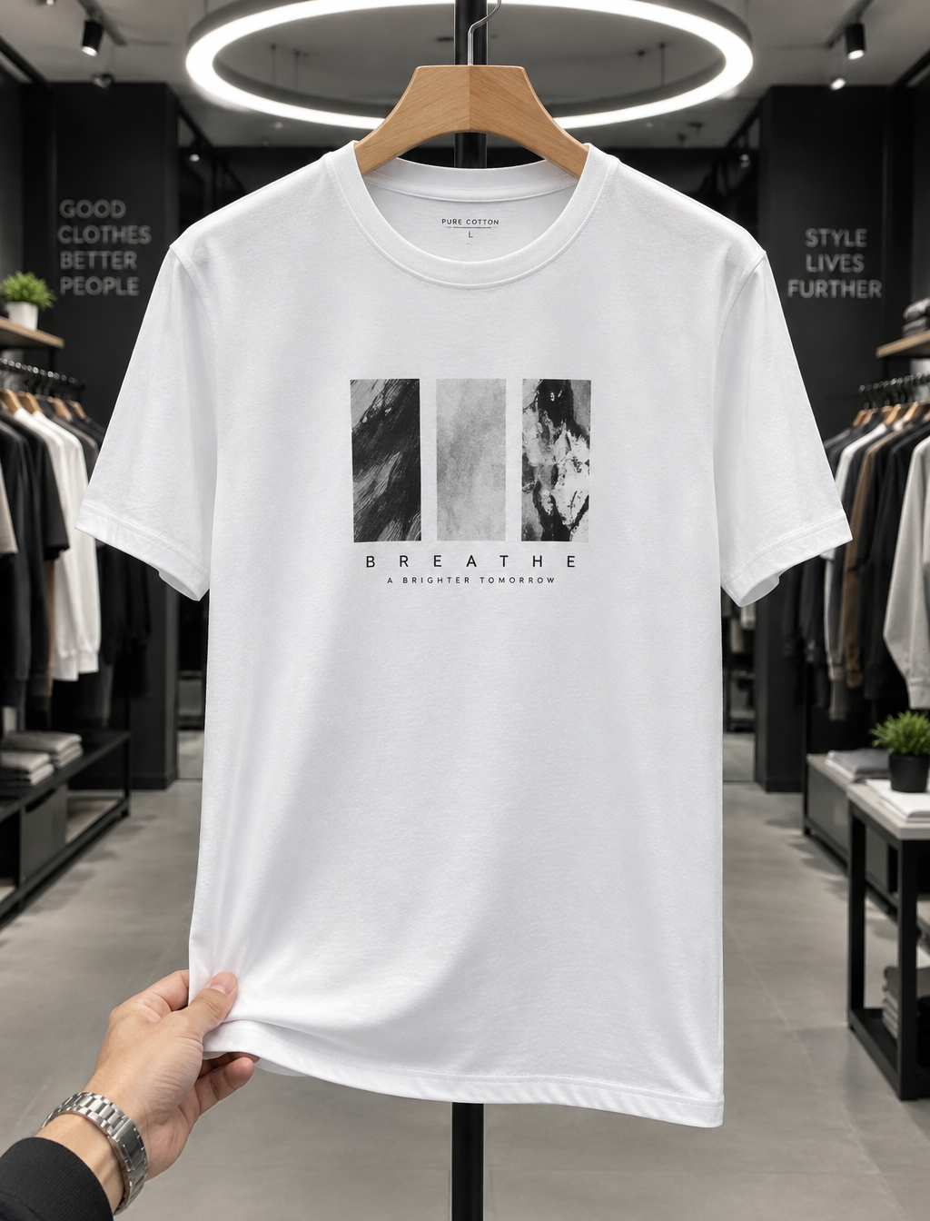 A plain white men’s crew-neck T-shirt hangs from a wooden...