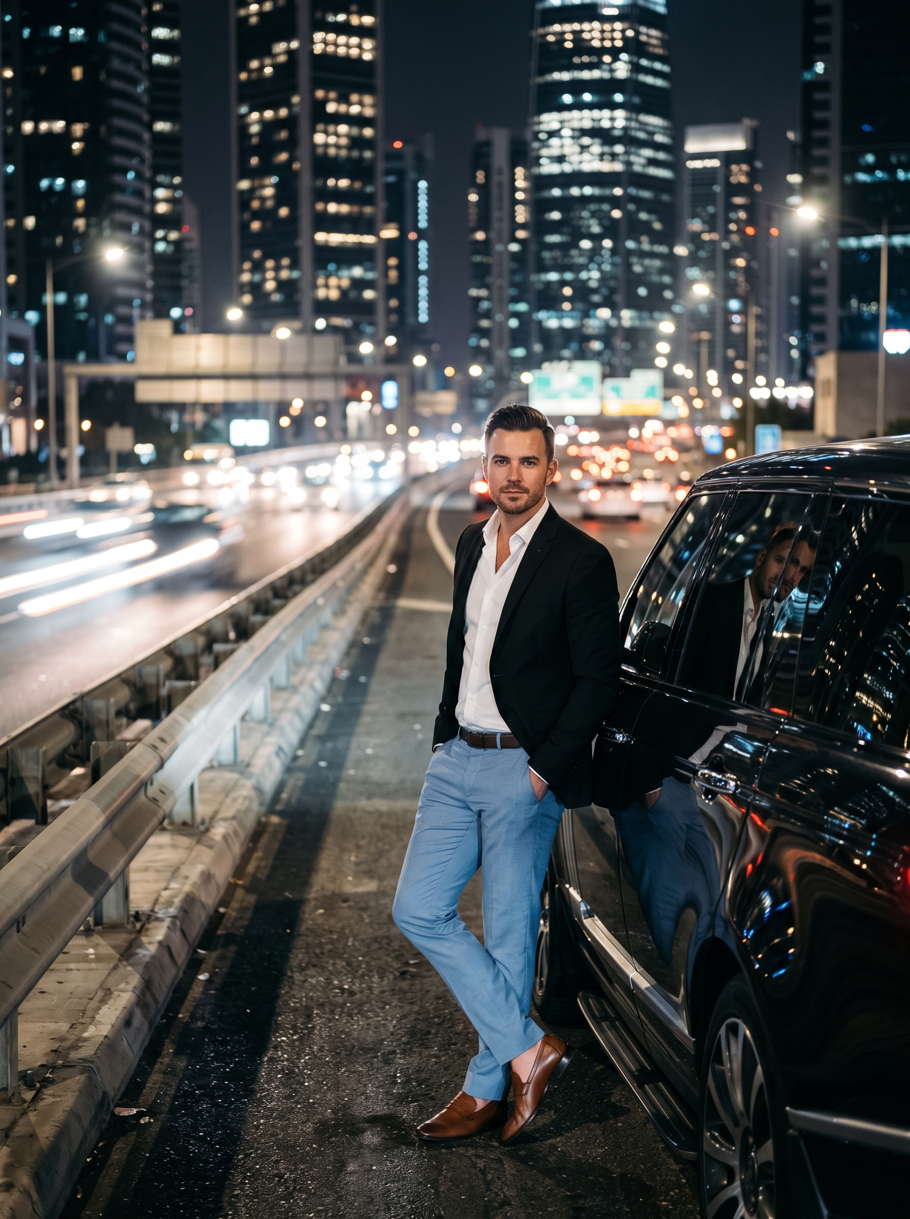 A cinematic night-time urban portrait of a confident, han...