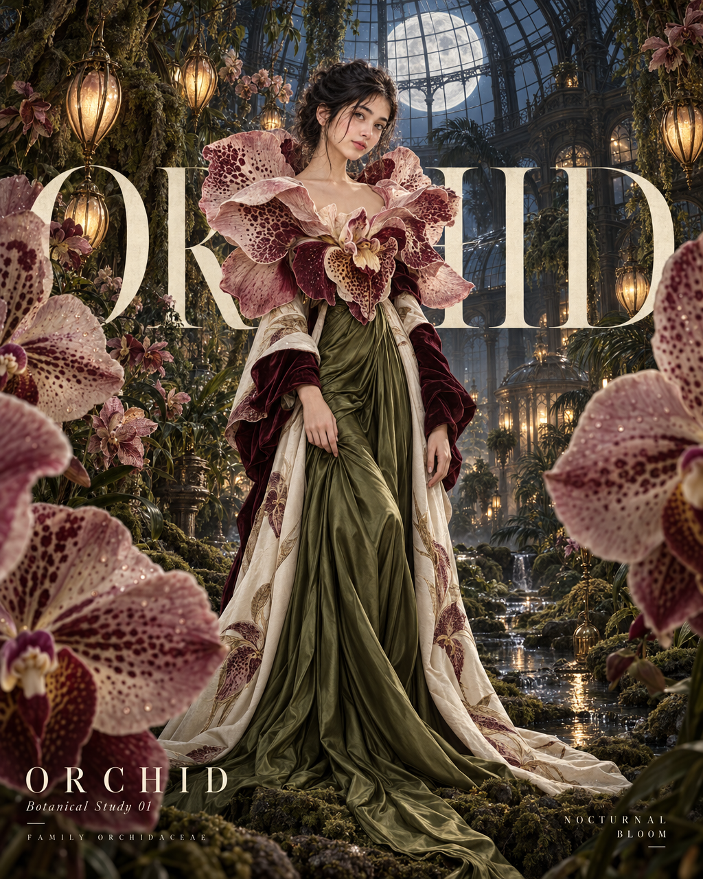 Create a hyper-realistic cinematic botanical haute coutur...