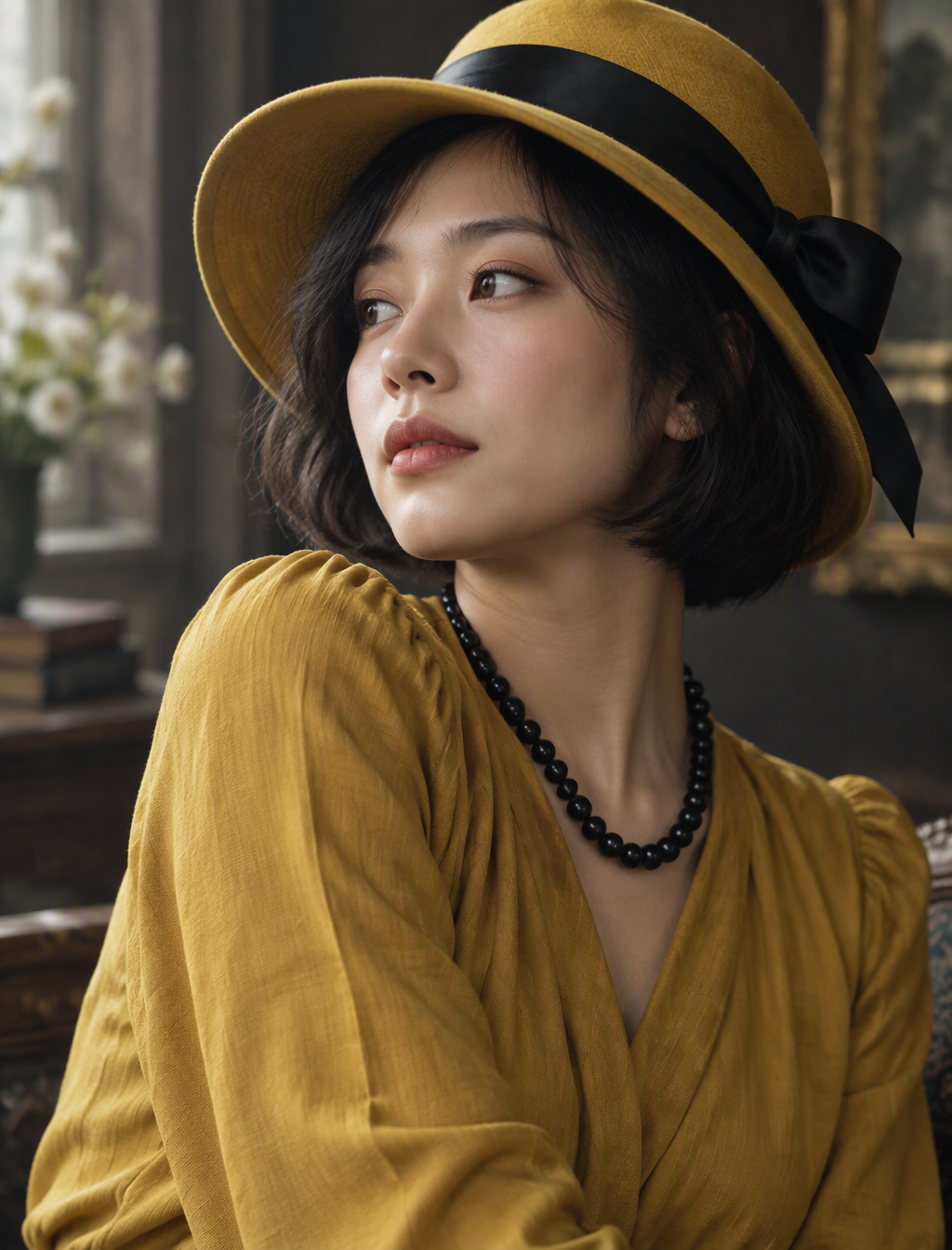 写实人像，半身肖像，年轻女性，黑色短波波头，身穿芥末黄上衣，佩戴黑色珠串项链，头戴配有黑色缎带的黄色帽子。身体微微...