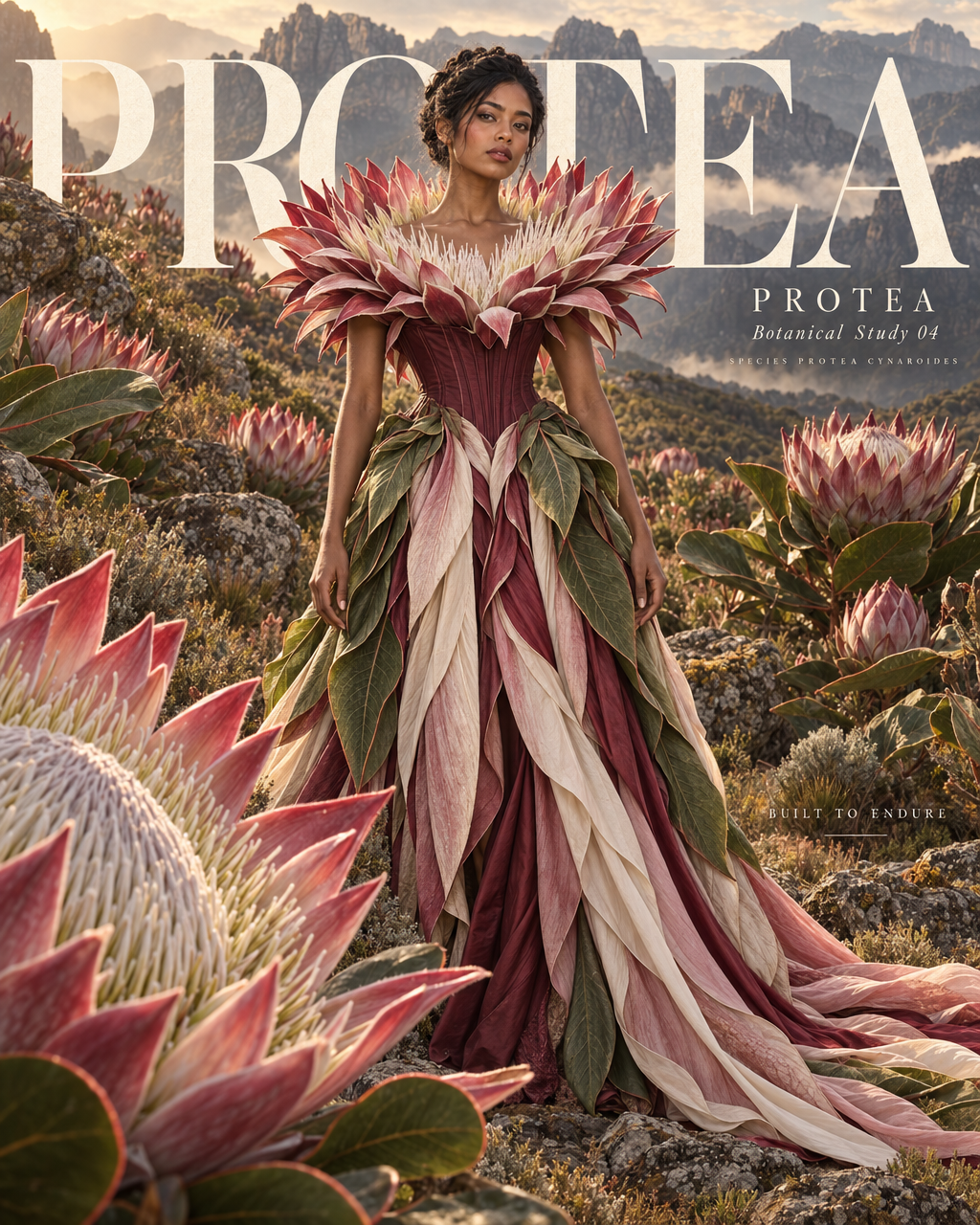 Create a hyper-realistic cinematic botanical haute coutur...