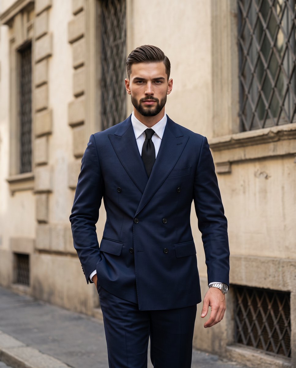 A photorealistic menswear street style portrait of a hand...