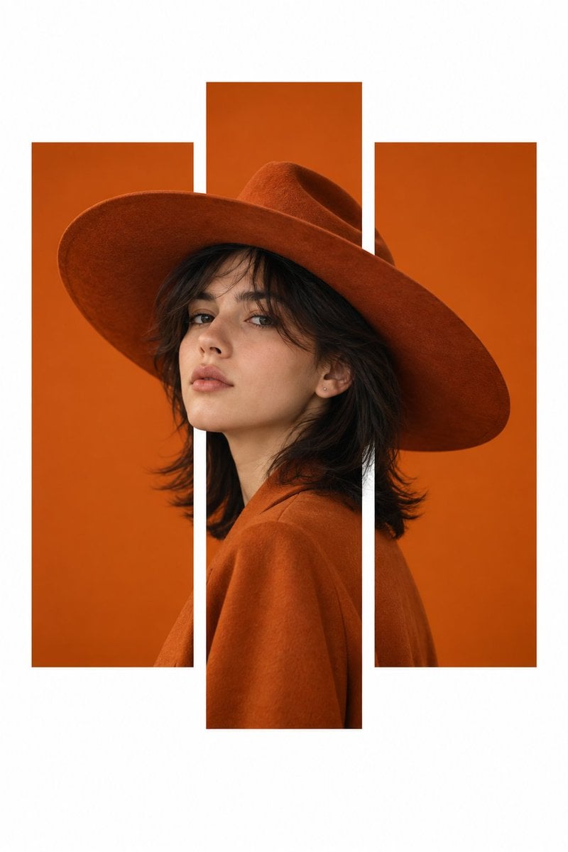 Create a vertical 2:3 fashion editorial poster with a min...