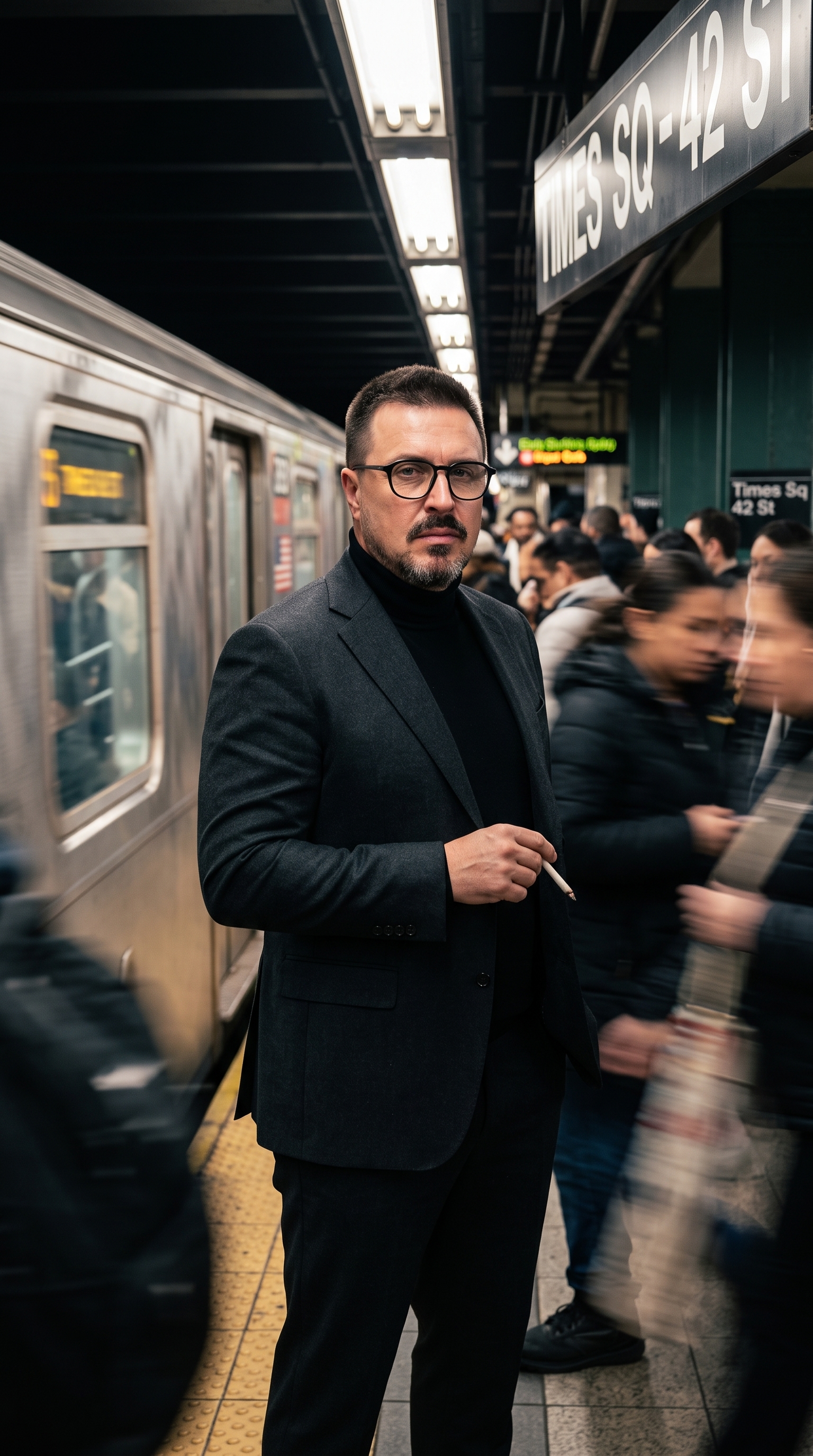Cinematic portrait of a stylish man standing on a busy su...