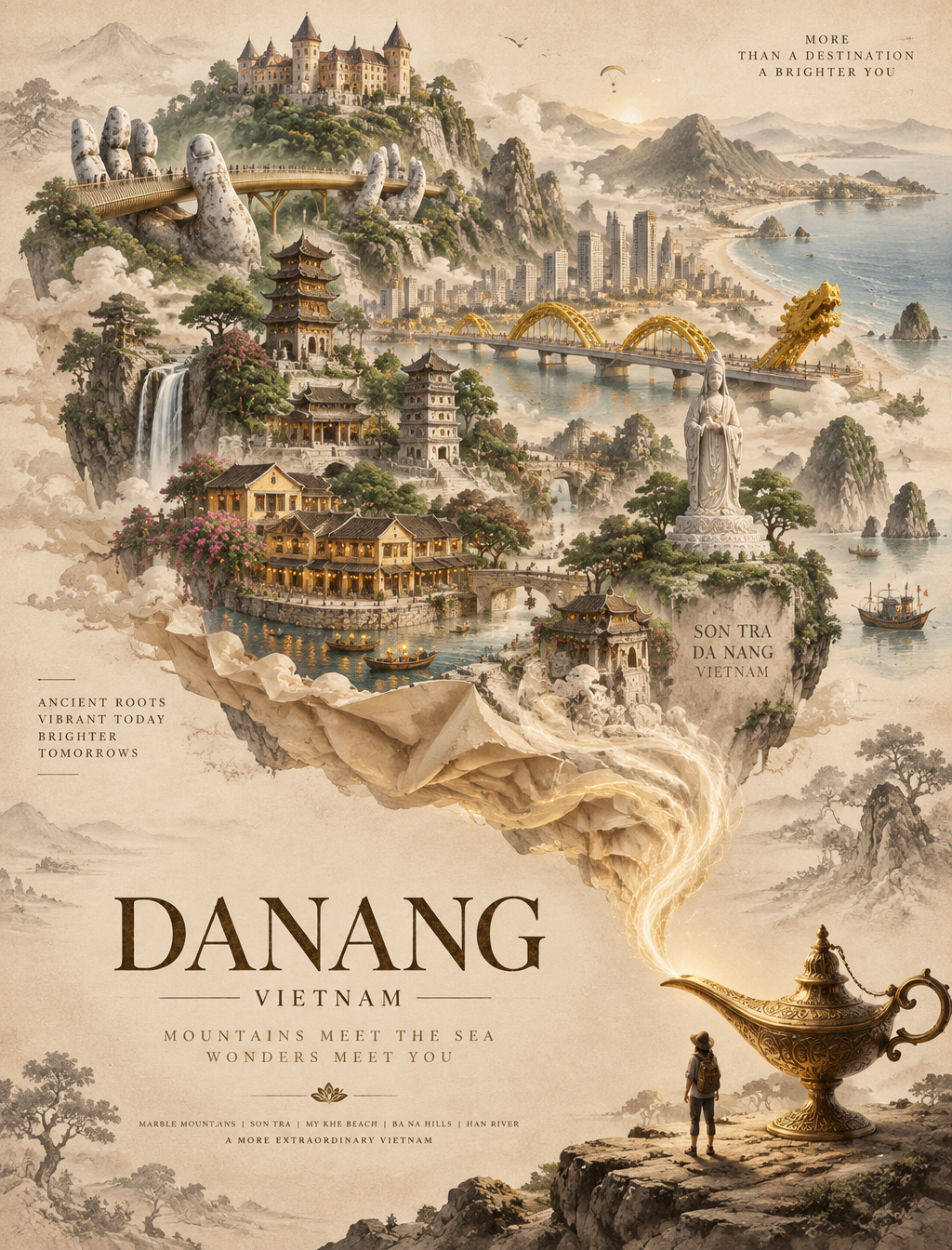Create an elegant, premium travel poster featuring a magi...