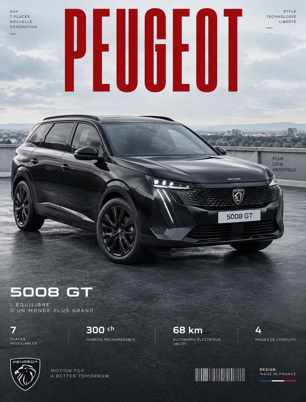 Une Peugeot 5008 GT noire est garée selon un angle dynami...