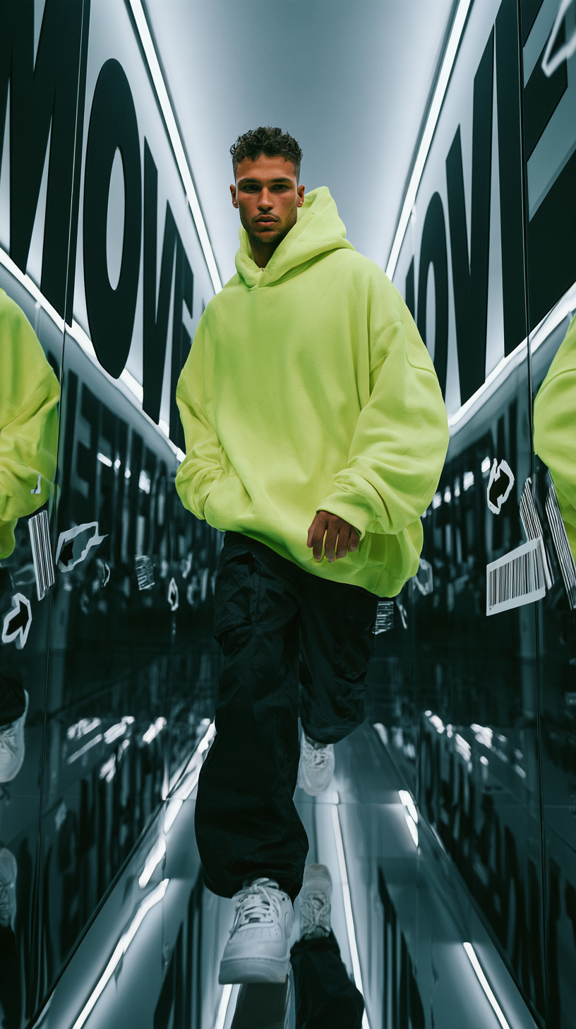 Create a premium vertical 9:16 streetwear editorial adver...