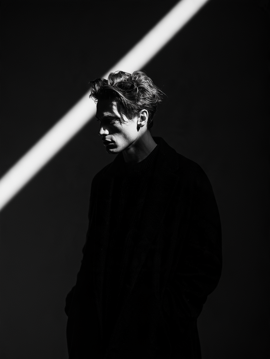 Ultra-cinematic black-and-white portrait of a young man s...