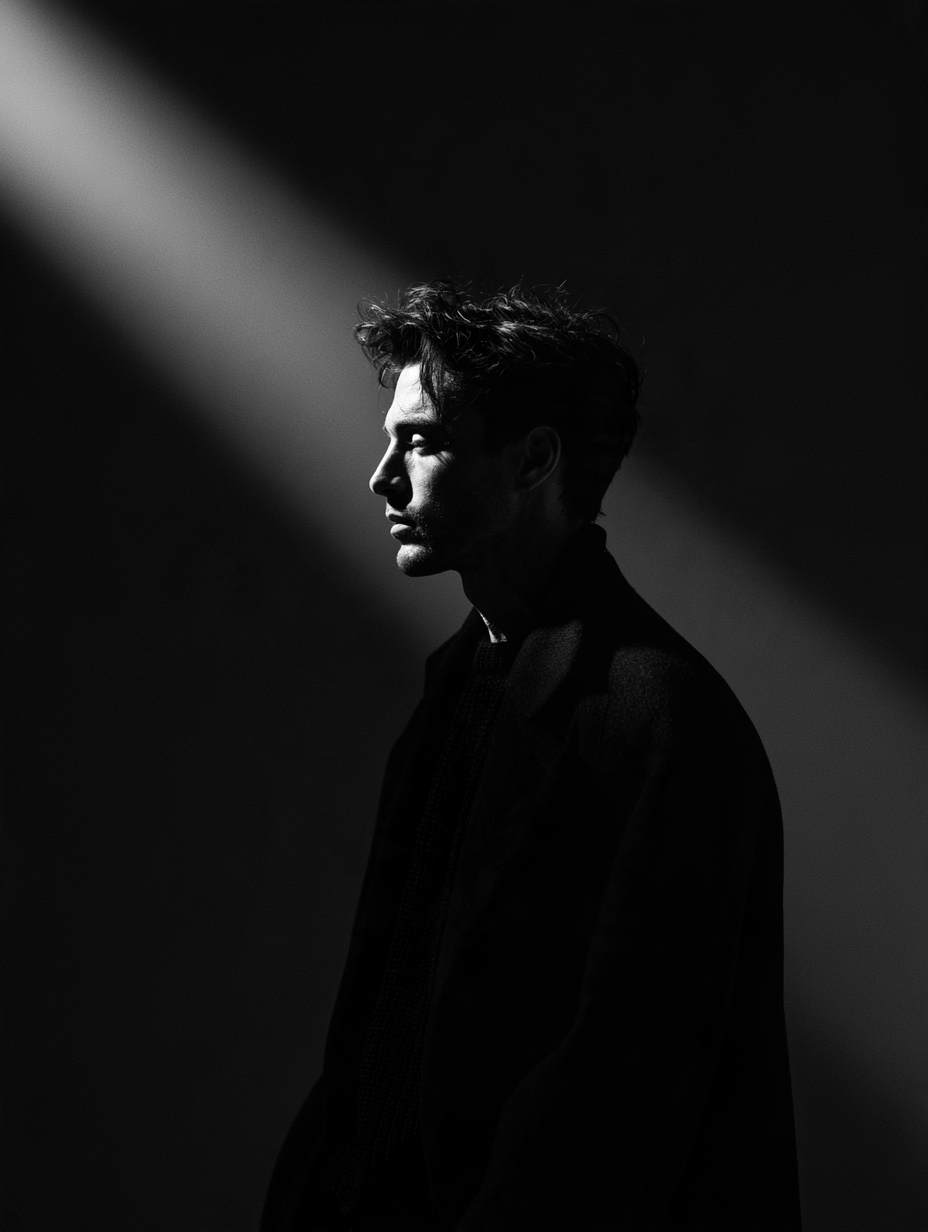 Ultra-cinematic black-and-white portrait of a young man s... - alternate