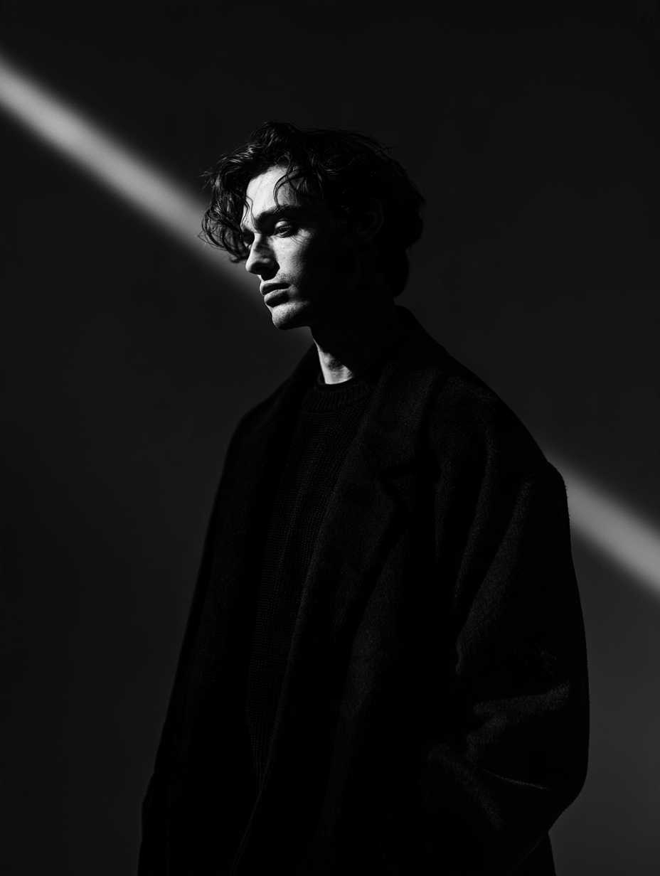 Ultra-cinematic black-and-white portrait of a young man s... - alternate