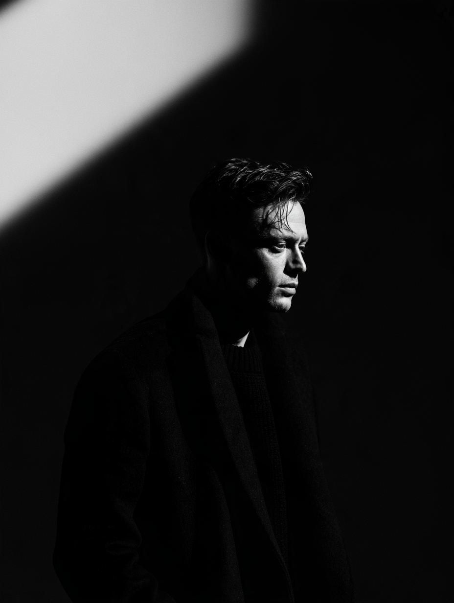 Ultra-cinematic black-and-white portrait of a young man s... - alternate