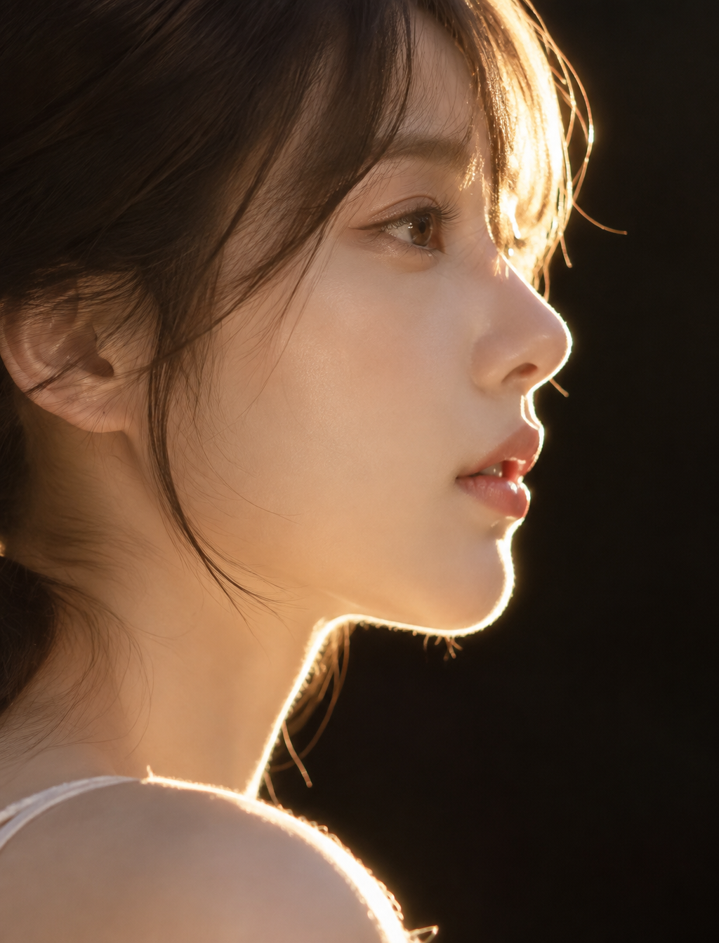 A hyper-realistic, close-up profile portrait of a East As...